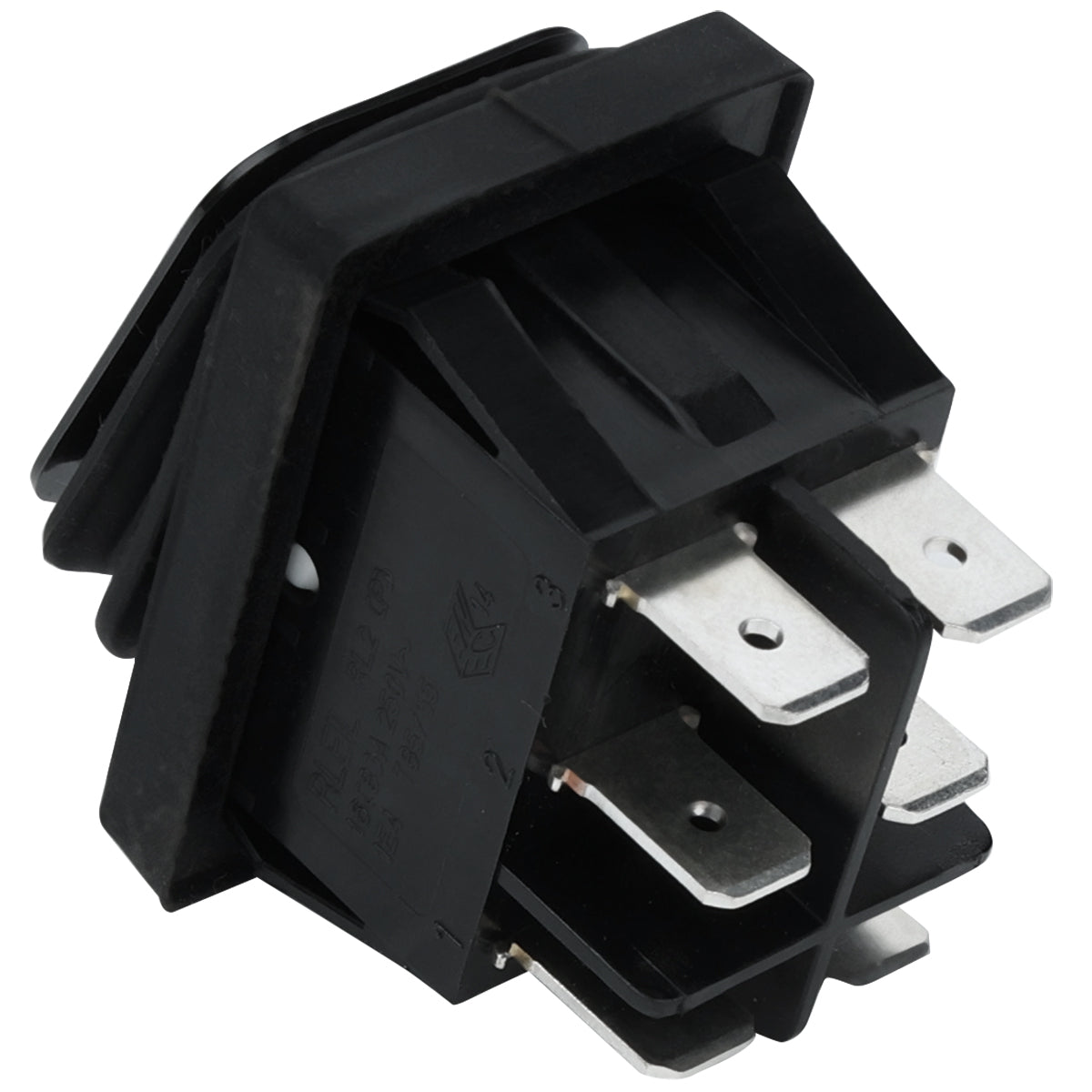 A close-up of a black rectangular Empura Parts rock switch, shown at an angle. The switch features multiple flat metal prongs underneath for wiring and a sturdy plastic housing, likely designed for Empura Equipment panel mounting. Molded labeling and symbols are visible.