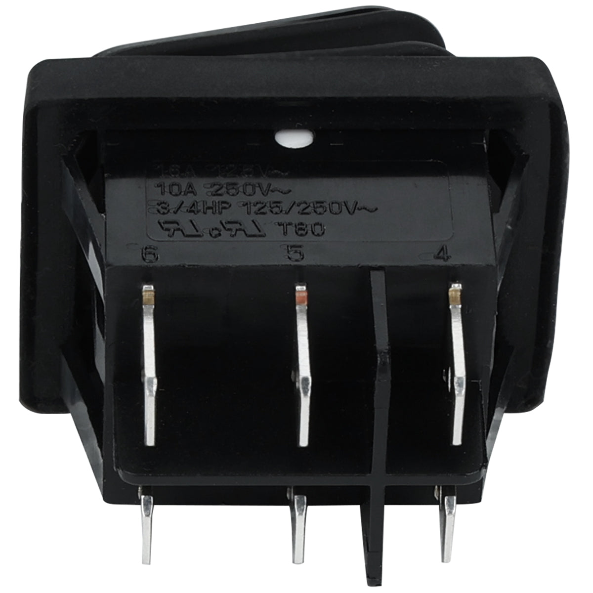A close-up view of a black rectangular rock switch from Empura Equipment shows six silver prongs extending from the bottom. Electrical ratings and certification symbols, such as “10A 250V~” and “3/4HP 125/250V~,” are printed in white on the side.