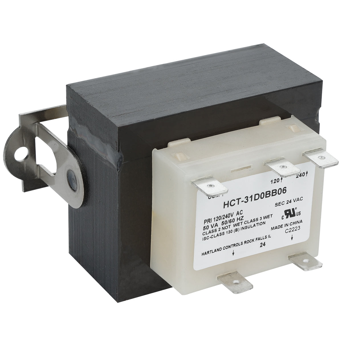 A rectangular electrical transformer with a black metal core and a white plastic terminal block labeled HCT-31D0B06. Features a metal mounting bracket, four wiring terminals, and supports voltage change in Empura Parts systems like the ECO-613.