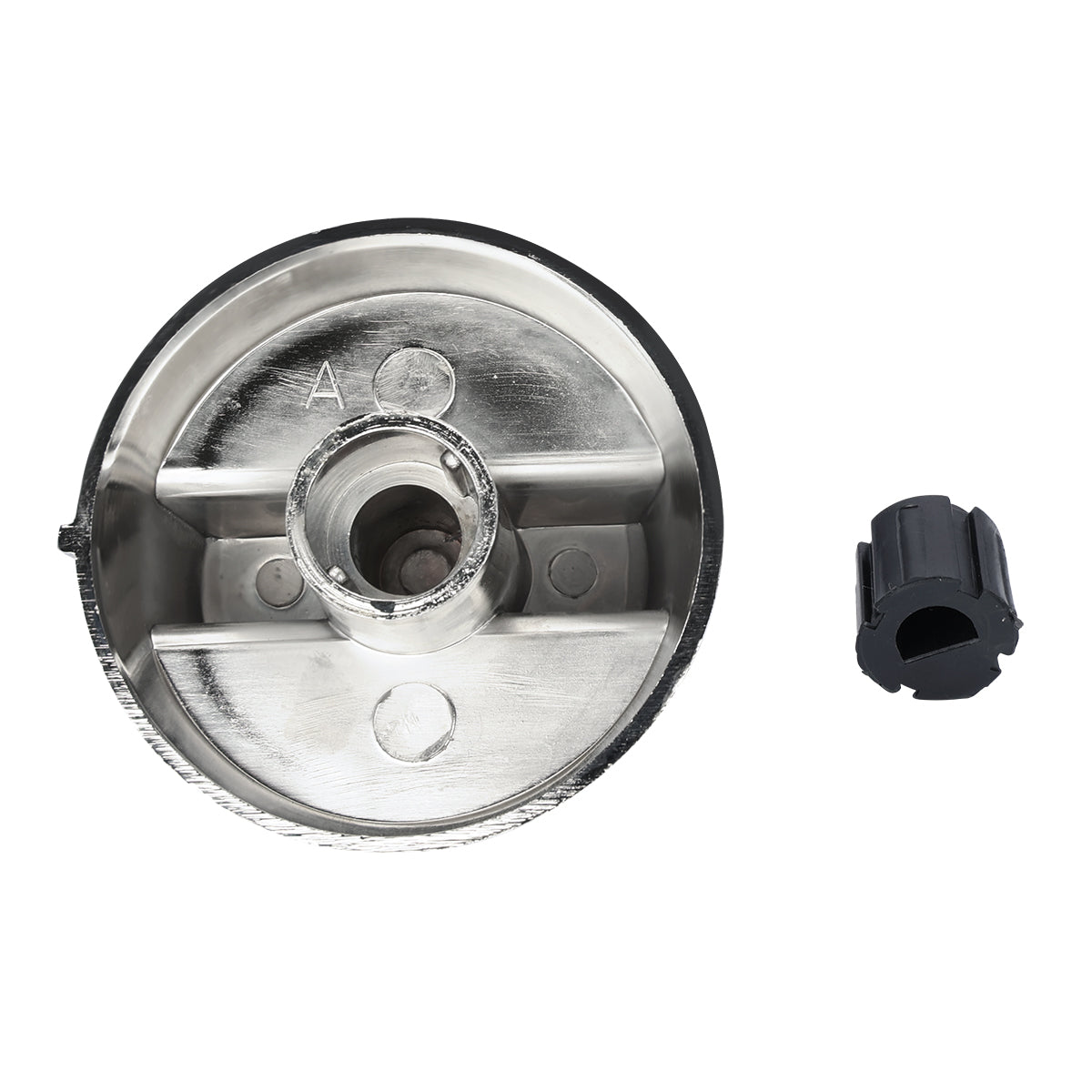 A round, silver metal component with a central hole and two raised sections sits on a white background. Next to it is a small, black plastic knob. Both objects are Empura Parts likely used in Empura Equipment assemblies.