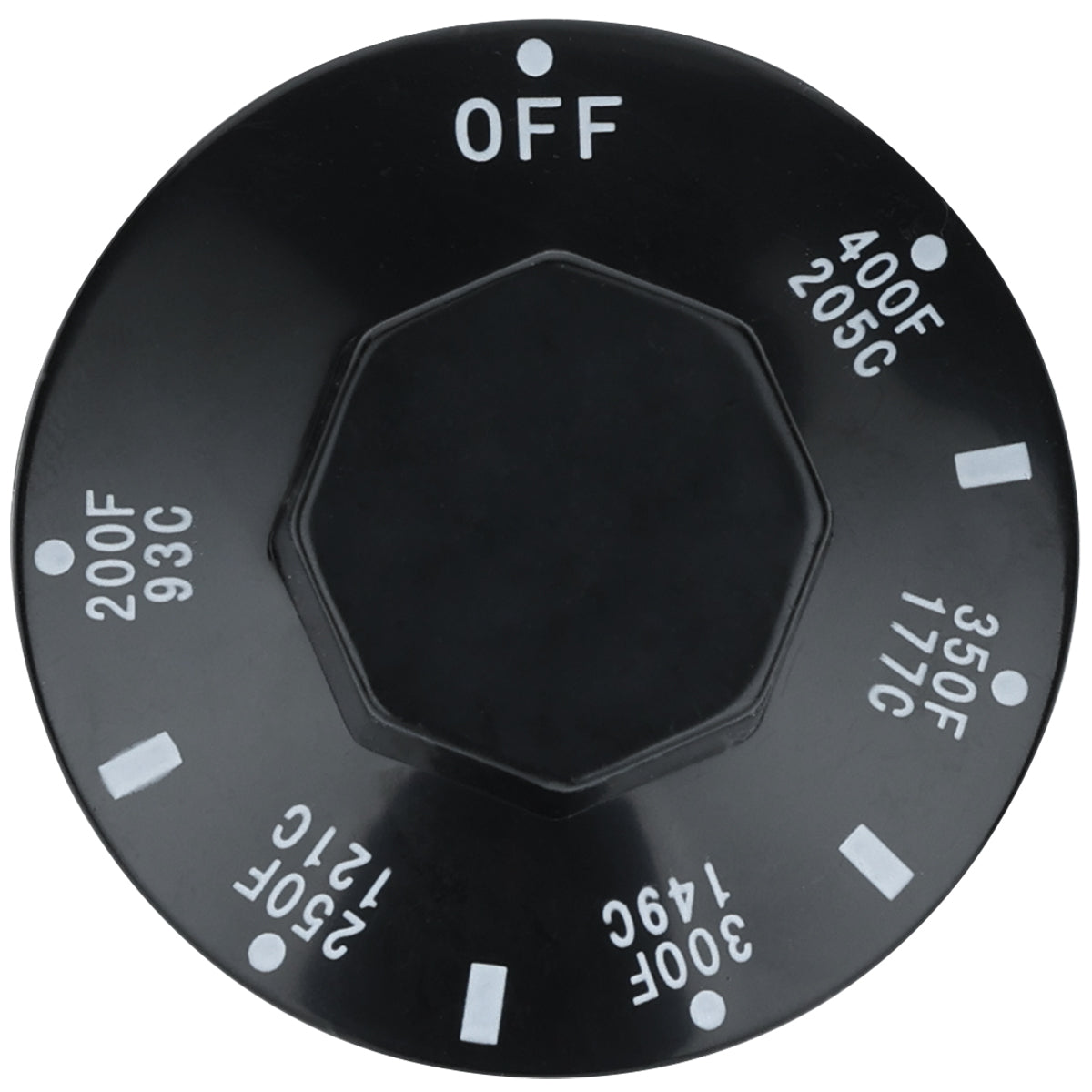 A black round oven temperature control knob with white markings, designed for Empura Equipment. The knob features “OFF” at the top and temperature settings in °F/°C: 200°F/93°C up to 400°F/205°C, making it an ideal replacement Empura Parts knob.