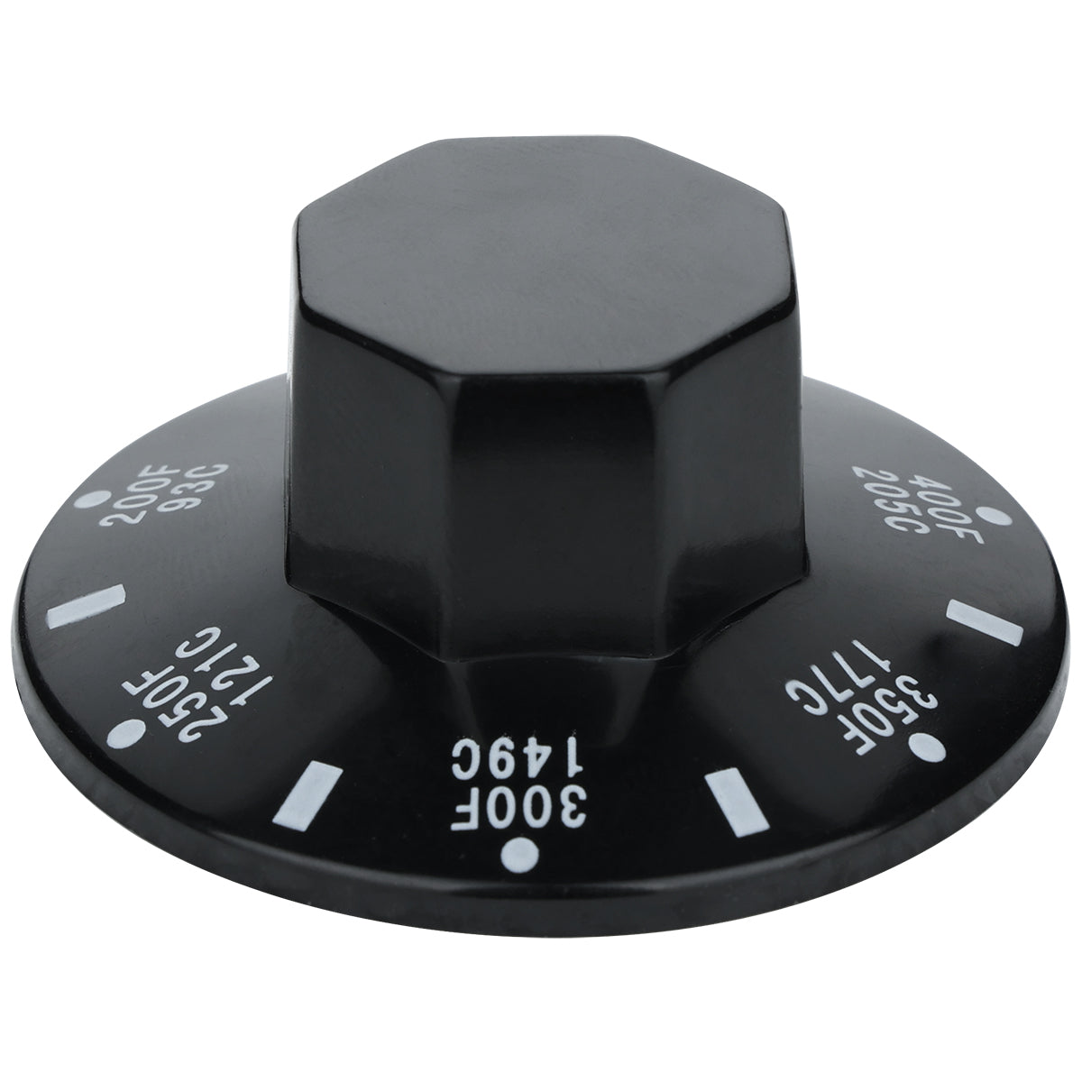 A black Empura Parts knob with white temperature markings from 200°F (93°C) to 350°F (177°C). Featuring a hexagonal grip and round base, this knob is commonly used for controlling Empura Equipment ovens or appliances.