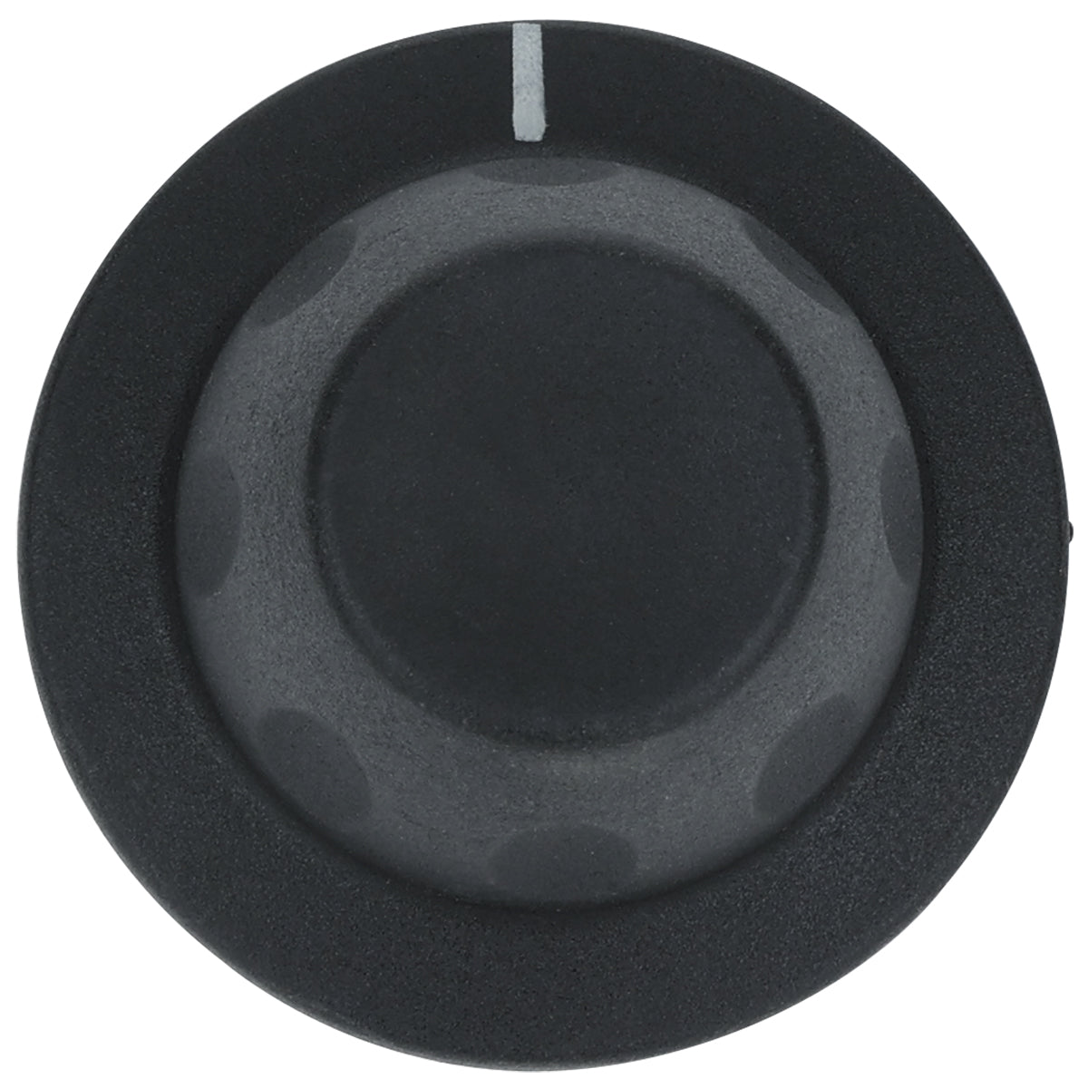 A black round Empura Equipment knob viewed from above, with a small white vertical line indicator at the top to show its position. The knob features a slightly textured surface and subtle circular indentations around its edge. Background is plain white.