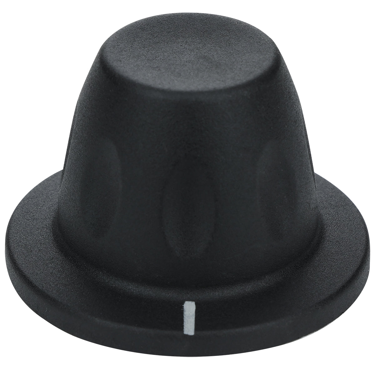 A black plastic control knob for Empura Equipment with a flared base, rounded top, and textured sides. A white line indicator is printed vertically on the base, marking precise adjustments. The knob is isolated on a white background.
