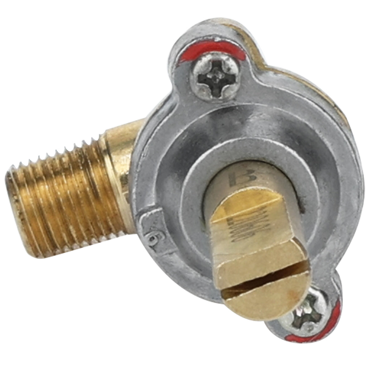 Close-up of a brass and silver metal open burner valve from Empura Equipment, with a threaded side inlet, two screws on the flange, and a flat, slotted turning stem. Red sealant is visible around the screw holes against a plain white background.