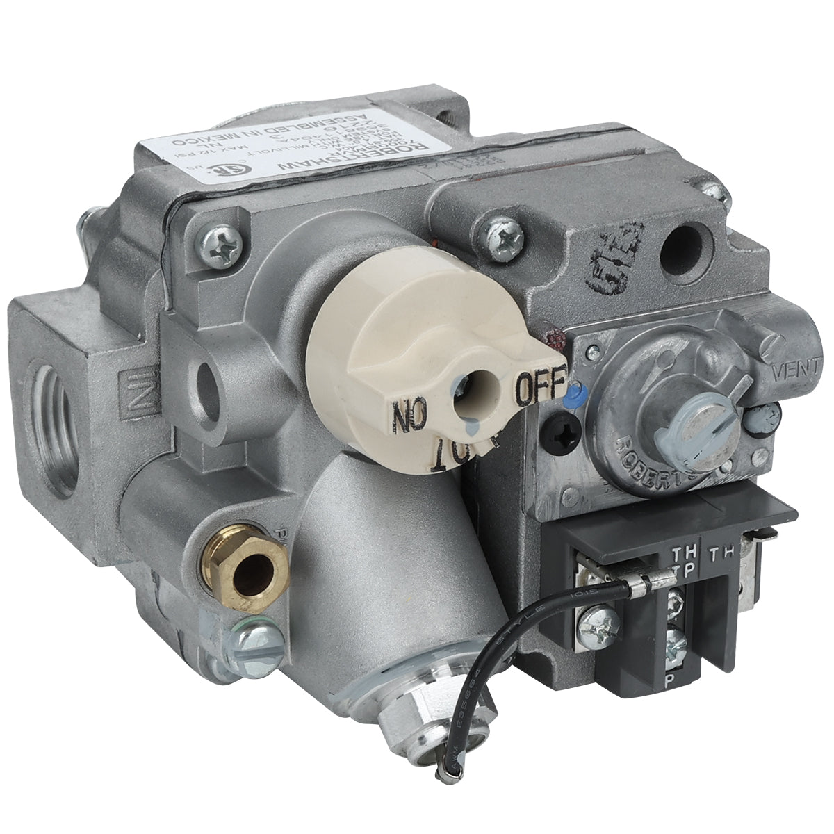 A close-up of a metallic gas control valve (Valve(NAT)) with labeled dials, connectors, and wiring terminals. A beige Empura Equipment control knob labeled OFF and ON is visible, along with several ports and engraved labels on a textured metal surface.