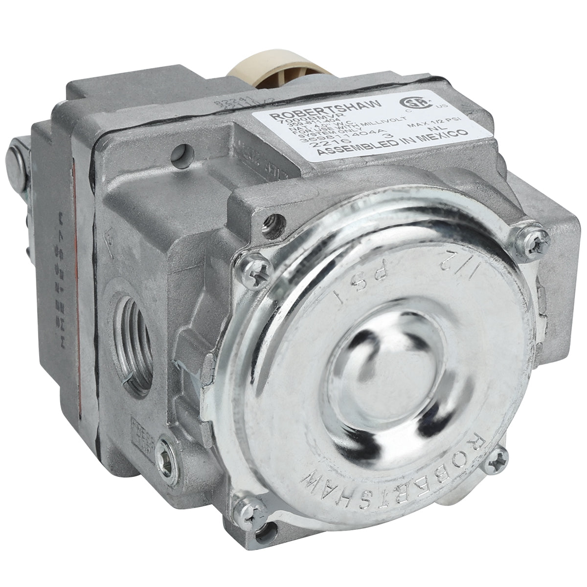Close-up of a metallic gas valve (Valve(NAT)) with a round, shiny cover labeled ROBERTSHAW. Features threaded pipe connections, visible screws, and a white label with technical details. Compatible with Empura Equipment and Empura Parts. White background.
