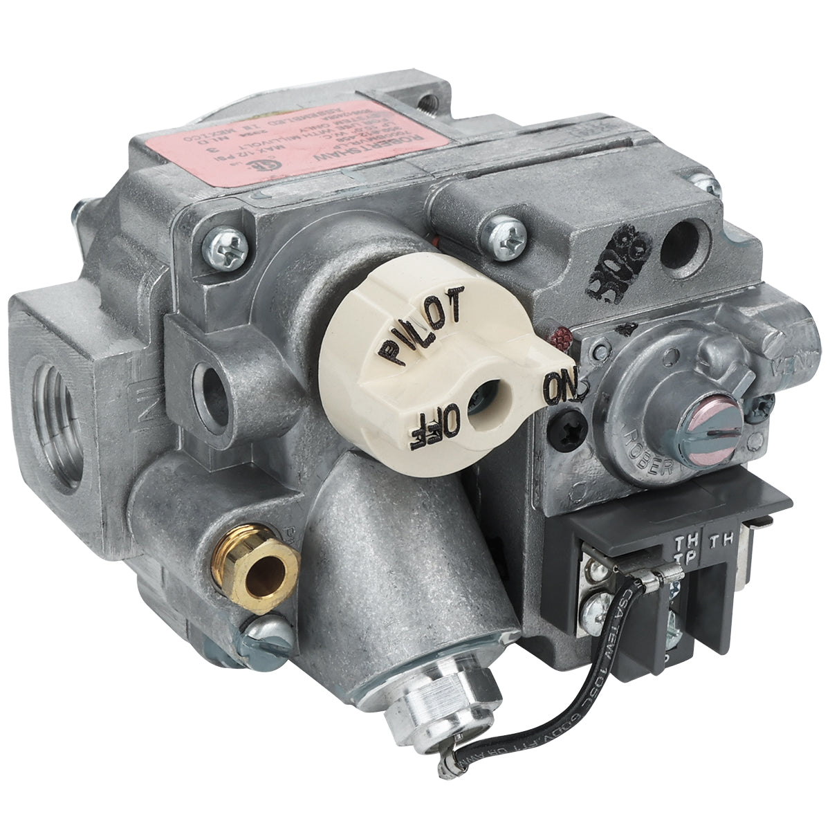 A close-up of a metallic gas control valve, likely an Empura Equipment Valve(LP), with various knobs, labels, and connectors. The beige PILOT OFF ON knob stands out on this device used for regulating gas in appliances.