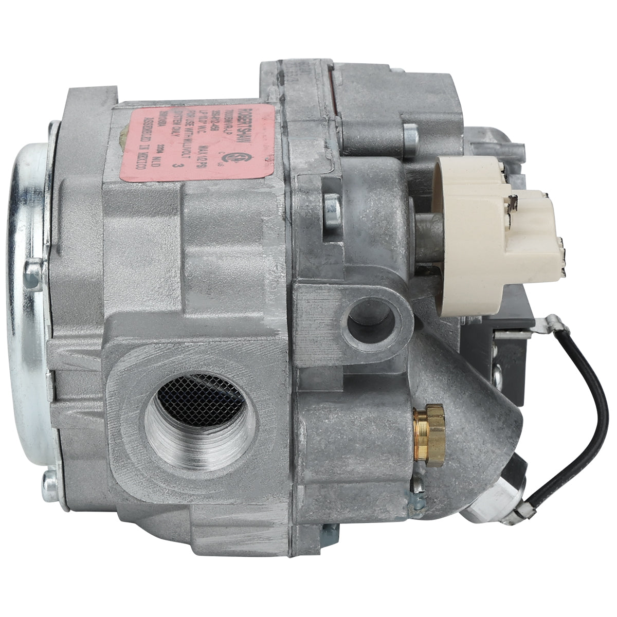Close-up of a metallic gas valve assembly (Valve(LP)) for Empura Equipment, featuring visible wiring, brass fittings, a mesh-covered opening, a beige plastic connector, and a pink label. The background is plain white.