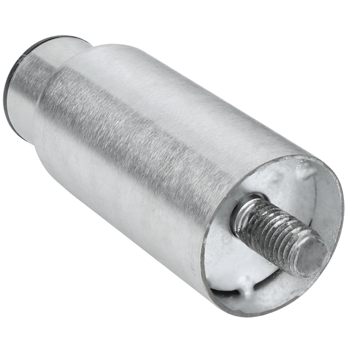 A cylindrical metal component with a brushed finish, this Empura Equipment part features a protruding threaded rod on one end and a slightly recessed, smooth cap on the other. The object is photographed at an angle, showing side and end details.