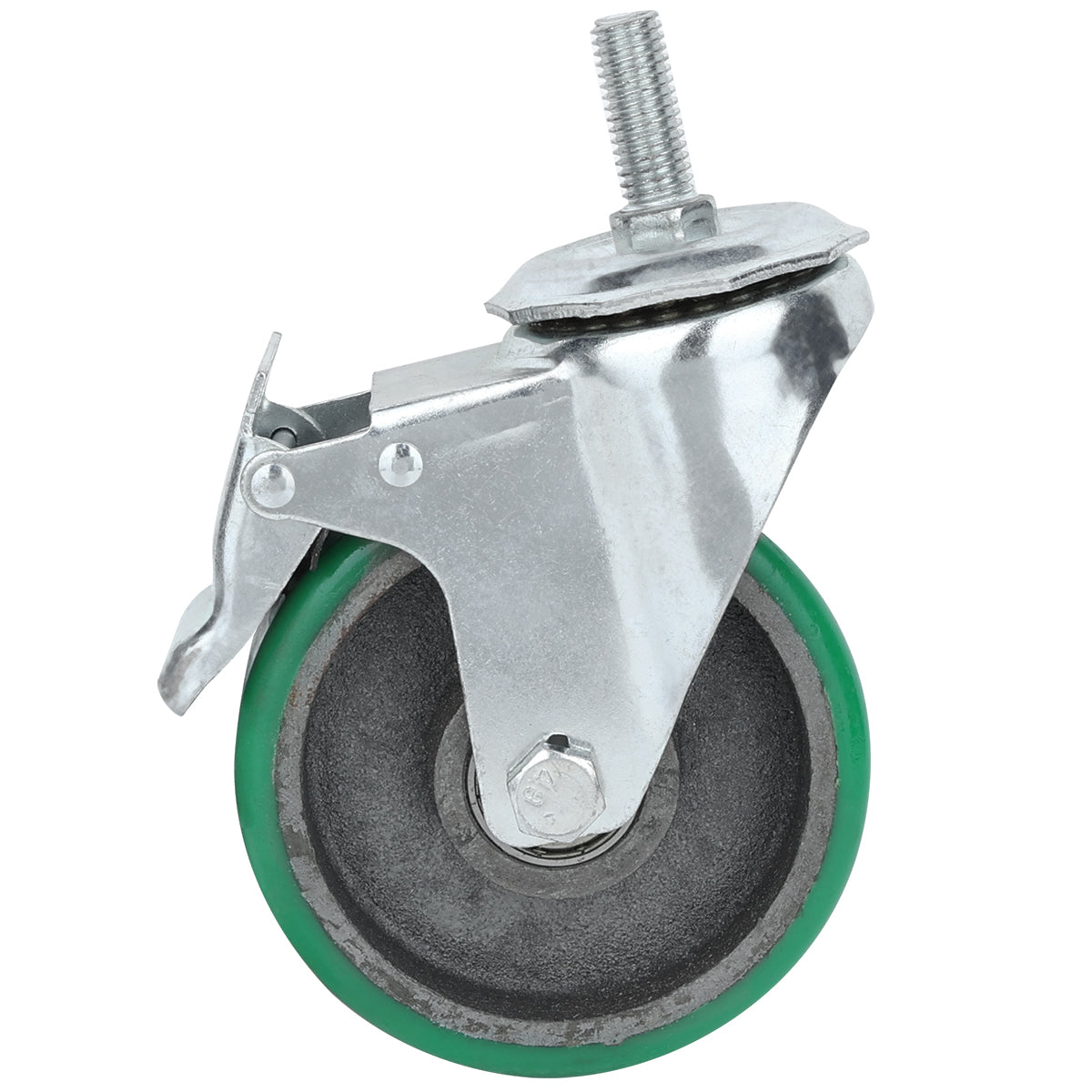 A single swivel castor with brake, featuring a green rubber tire, black hub, and silver bracket with threaded stem and side brake lever. Ideal as an Empura Equipment part for mounting on furniture or equipment for mobility.