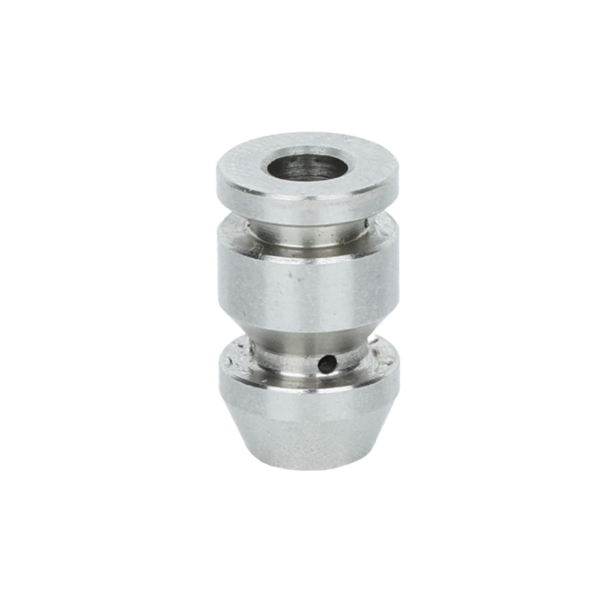 A small, metallic, cylindrical machined part with a central hole, two wider sections separated by a narrower middle, and a beveled bottom edge, shown against a white background. This smooth silver-gray piece is designed for use with Empura Equipment.