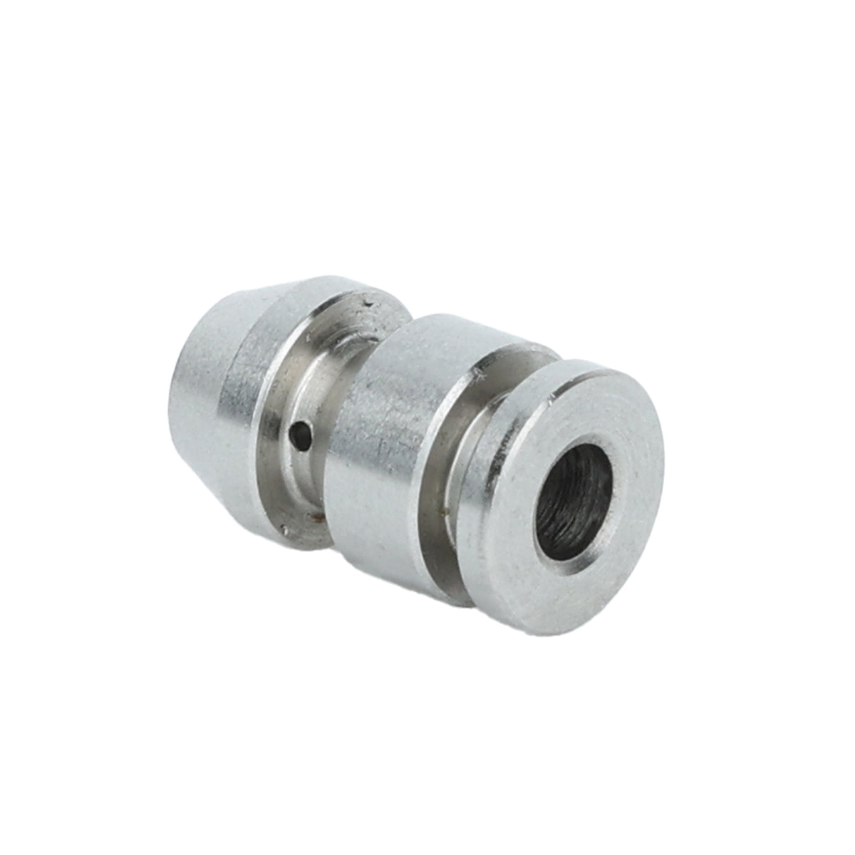 A small, cylindrical metal connector with a hole through the center and a side hole. With two wider ends and a narrower middle, this smooth, metallic Empura Parts component may serve as a pilot in mechanical or industrial applications.