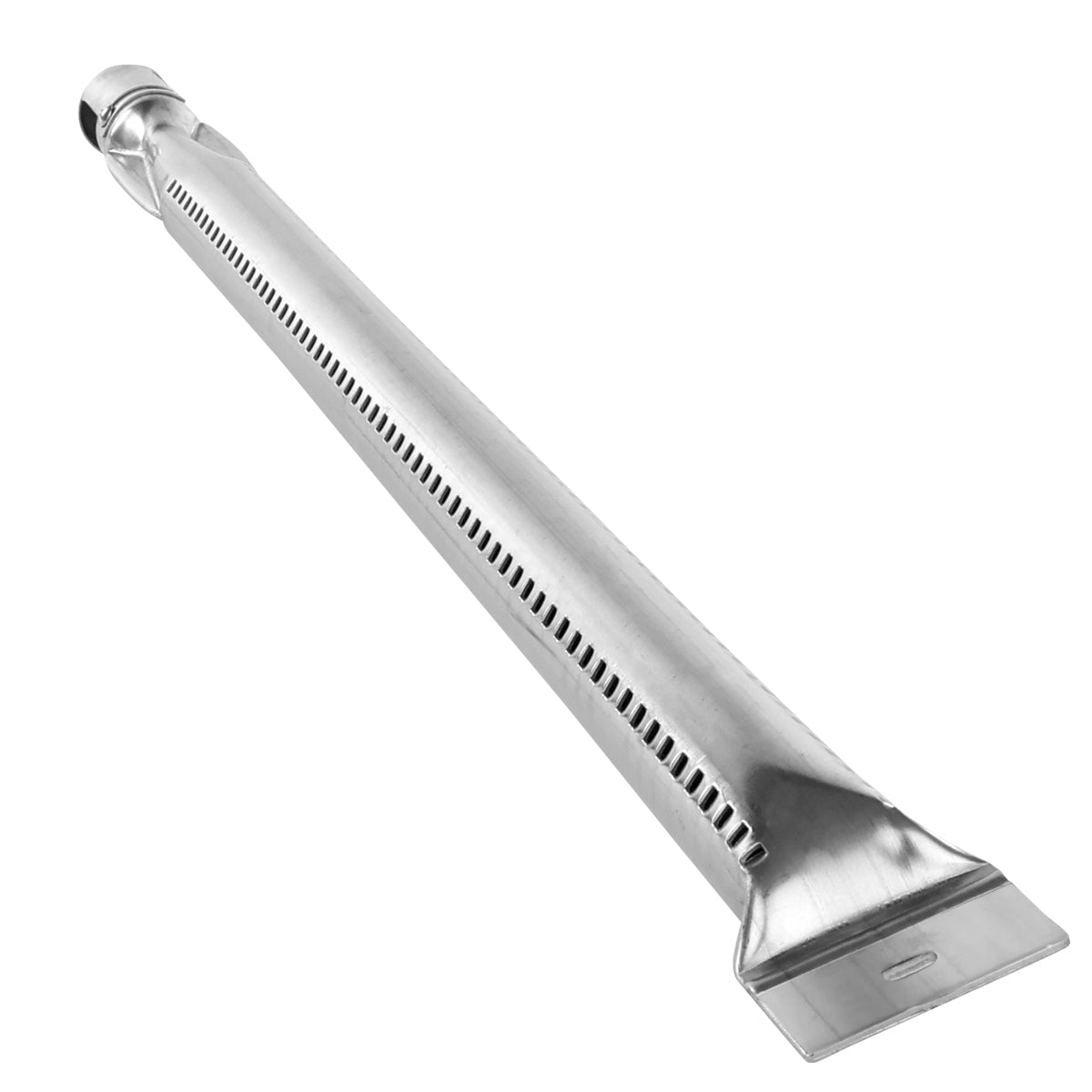A metal gas grill straight burner tube for charbroiler parts, featuring a rectangular vented body, rows of small holes along the sides, and a flat, wide end for flame dispersion. Shiny stainless steel construction fits Empura Equipment models.