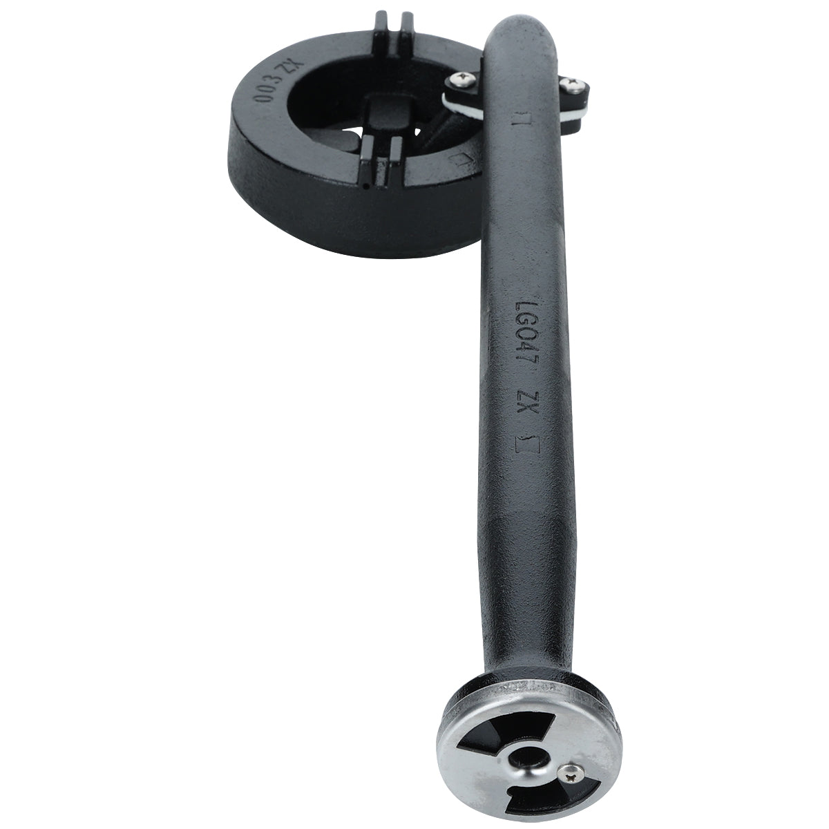 The EMHP Heavy Duty Series black metal pipe threading tool features a round die head with a circular opening and a long, engraved handle—ideal for threading pipes during back burner assembly or installing an assembled burner.