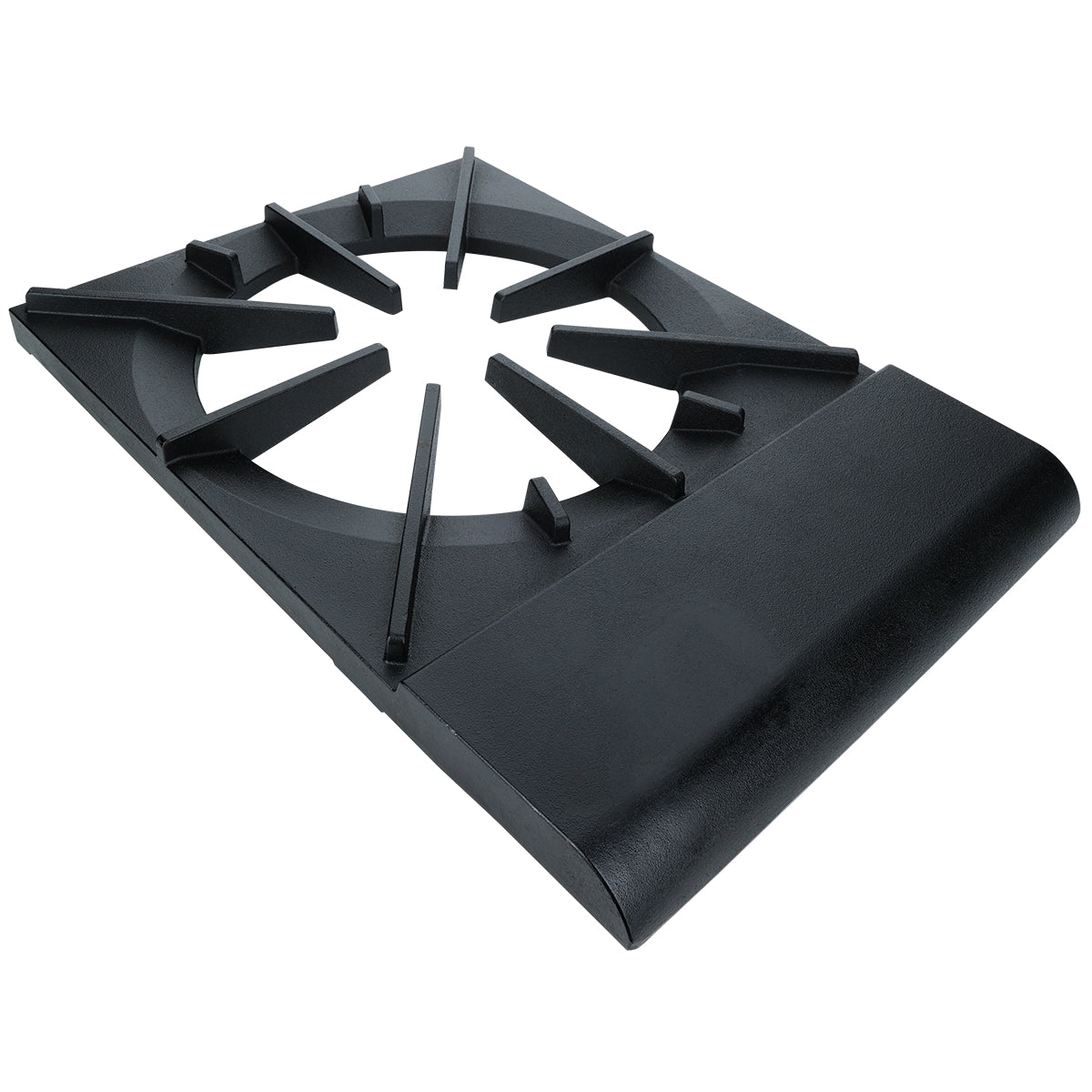 A black cast iron cooking grate from Empura Parts, model ESP-1, features a circular center opening, angular support bars radiating outward, and a wide curved front ledge. Its matte textured surface gives it a modern, functional look.