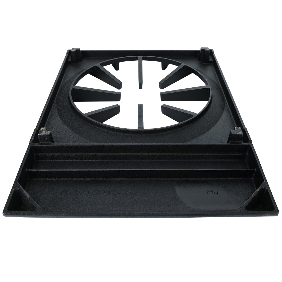 A black, rectangular plastic component with a large circular cutout and multiple spokes, resembling a cooking grate. The base has raised edges, small posts at the corners, and ESP-1 product numbers molded into the flat surface.