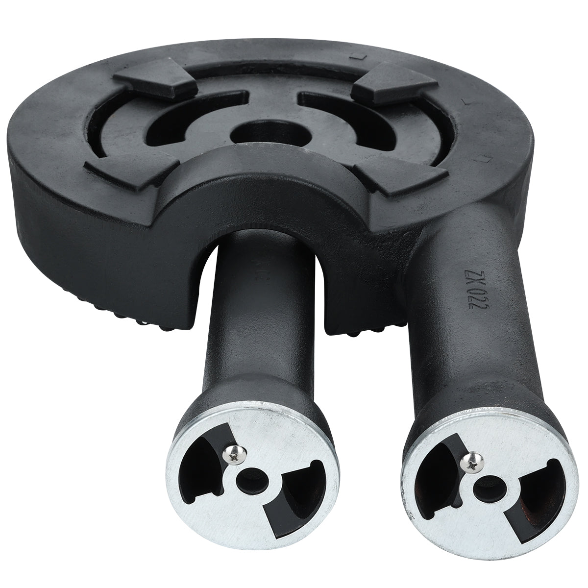 A black, circular burner assembly for a gas stove features two cylinder-shaped metal tubes extending forward; ideal as an Empura replacement for a stock pot range, it has metallic ends with cut-out sections, small nozzle holes, and grooves on the top surface.