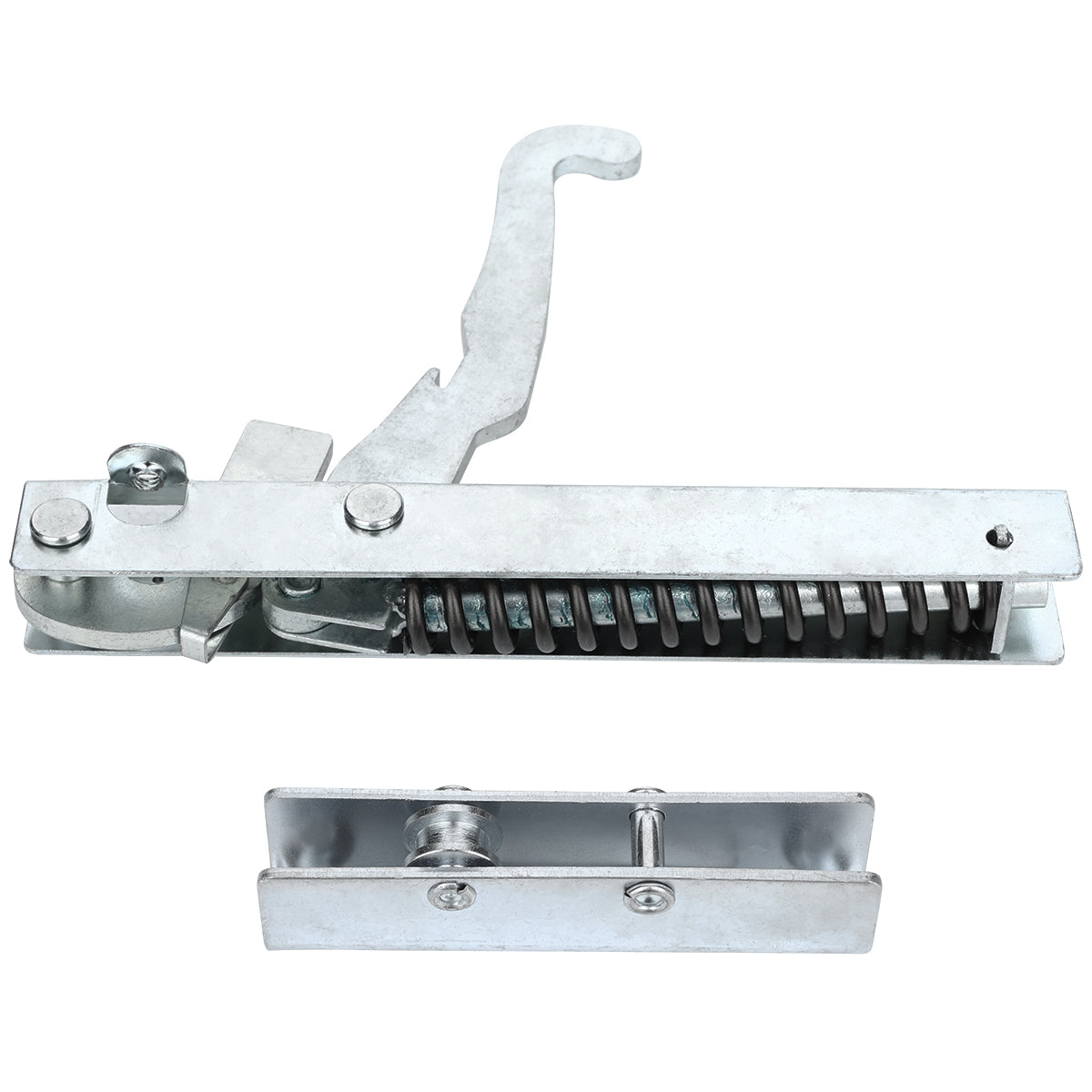 A silver metal spring-loaded latch with a hooked handle is shown above a matching metal catch plate. Featuring sturdy steel construction and visible screws, this EGR60-GS24 Empura Parts mechanism ensures secure closure, likely for a door or gate.