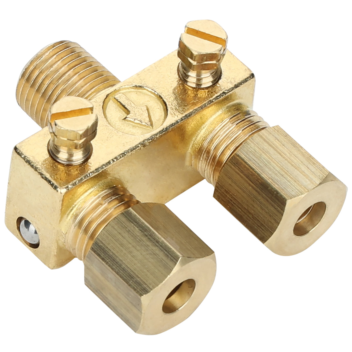 A brass refrigeration access valve from Empura Equipment with two hexagonal caps, two flathead screw valves, and an arrow indicating flow direction. The pilot valve features threaded connections and a polished metallic finish for HVAC or refrigeration lines.
