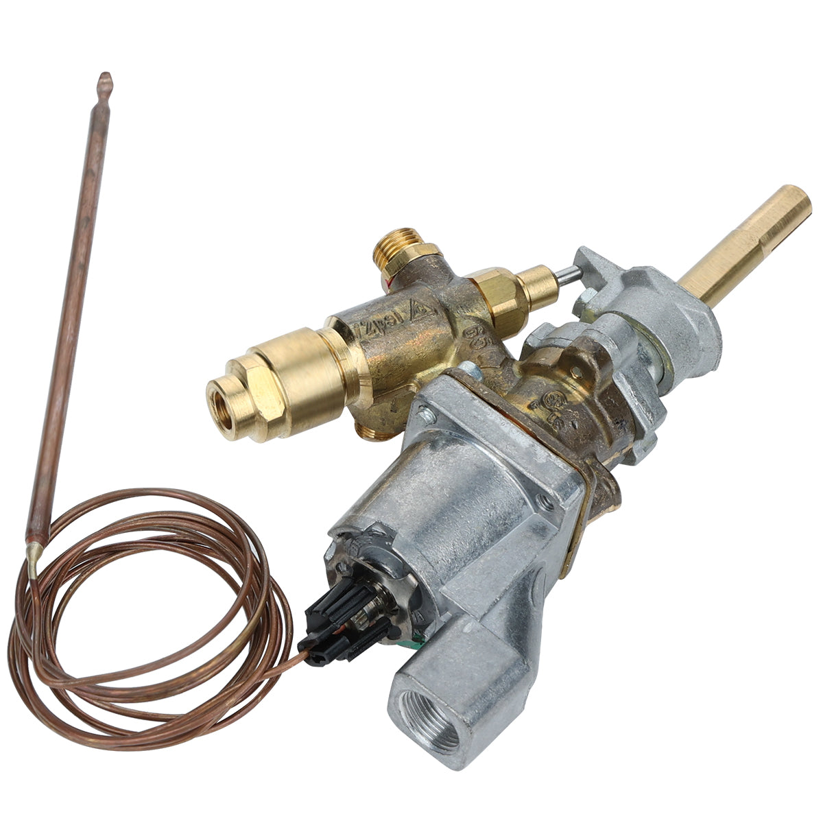 A metallic thermostat valve with an attached copper capillary tube and bulb. The assembly features brass and silver components, adjustment knobs, and threaded connections—ideal Empura Equipment for regulating temperature in heating appliances.