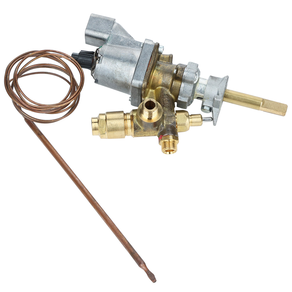A gas valve with a long, coiled copper thermocouple attached, often used as a thermostat valve in Empura Equipment. The brass valve features multiple fittings and a control stem, with the thermocouple linked by a looped copper wire ending in a slim metal rod.