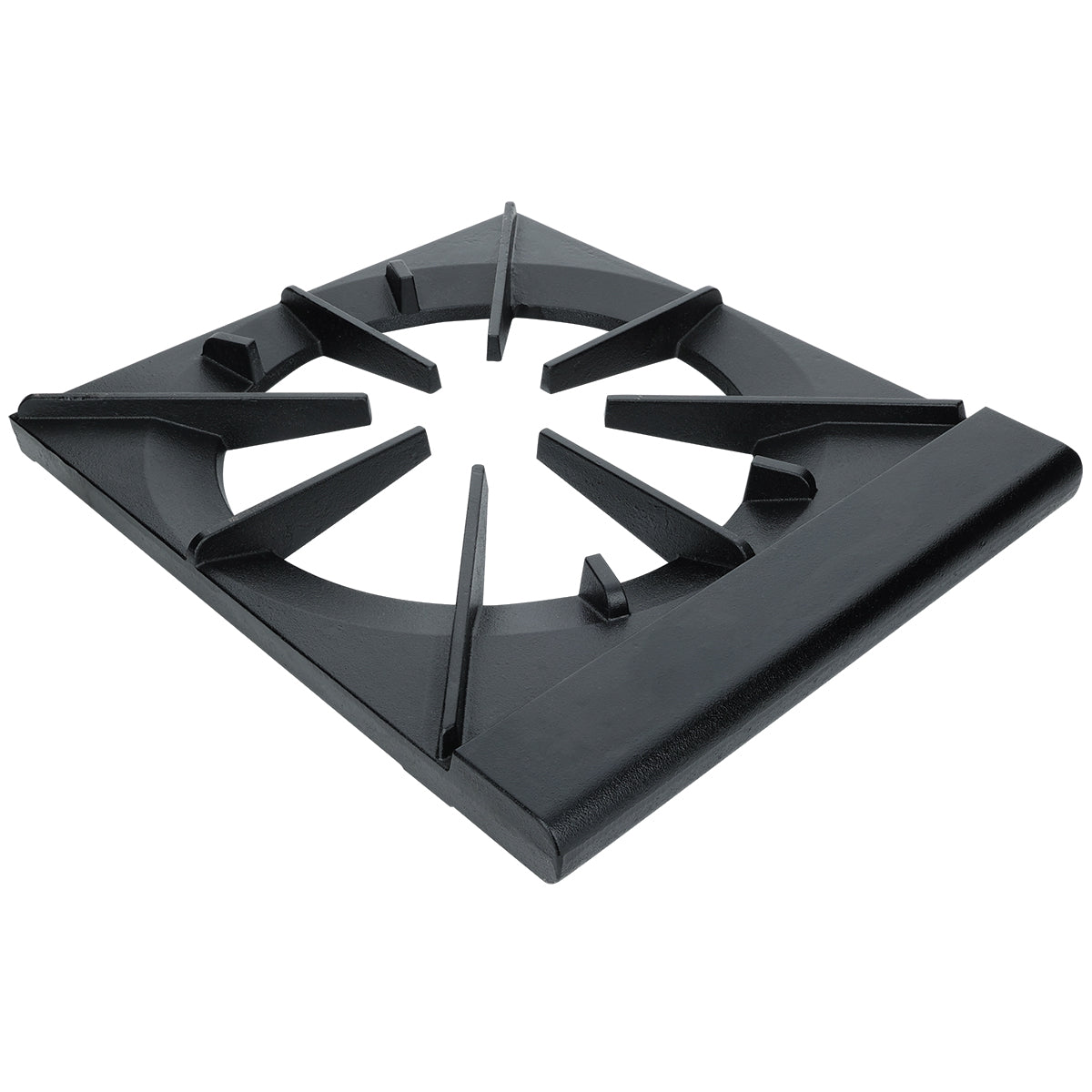 A black, square Empura Parts ESP-1M cast iron cooking grate with elevated prongs, an open circular center, and a solid, raised front edge. Its matte, slightly textured surface supports cookware above the gas flame on your stove.