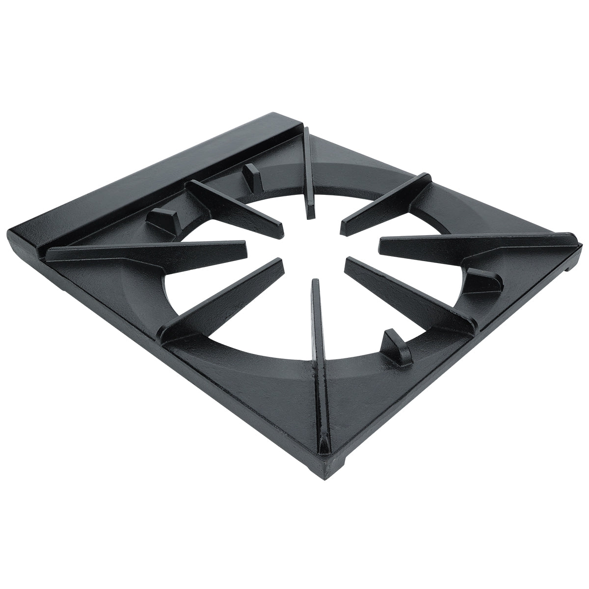 A black, square-shaped Empura Parts ESP-1M cast iron cooking grate with angled support prongs radiates from a central circular opening. The matte, textured surface is designed to hold pots or pans above a gas burner. The background is plain white.