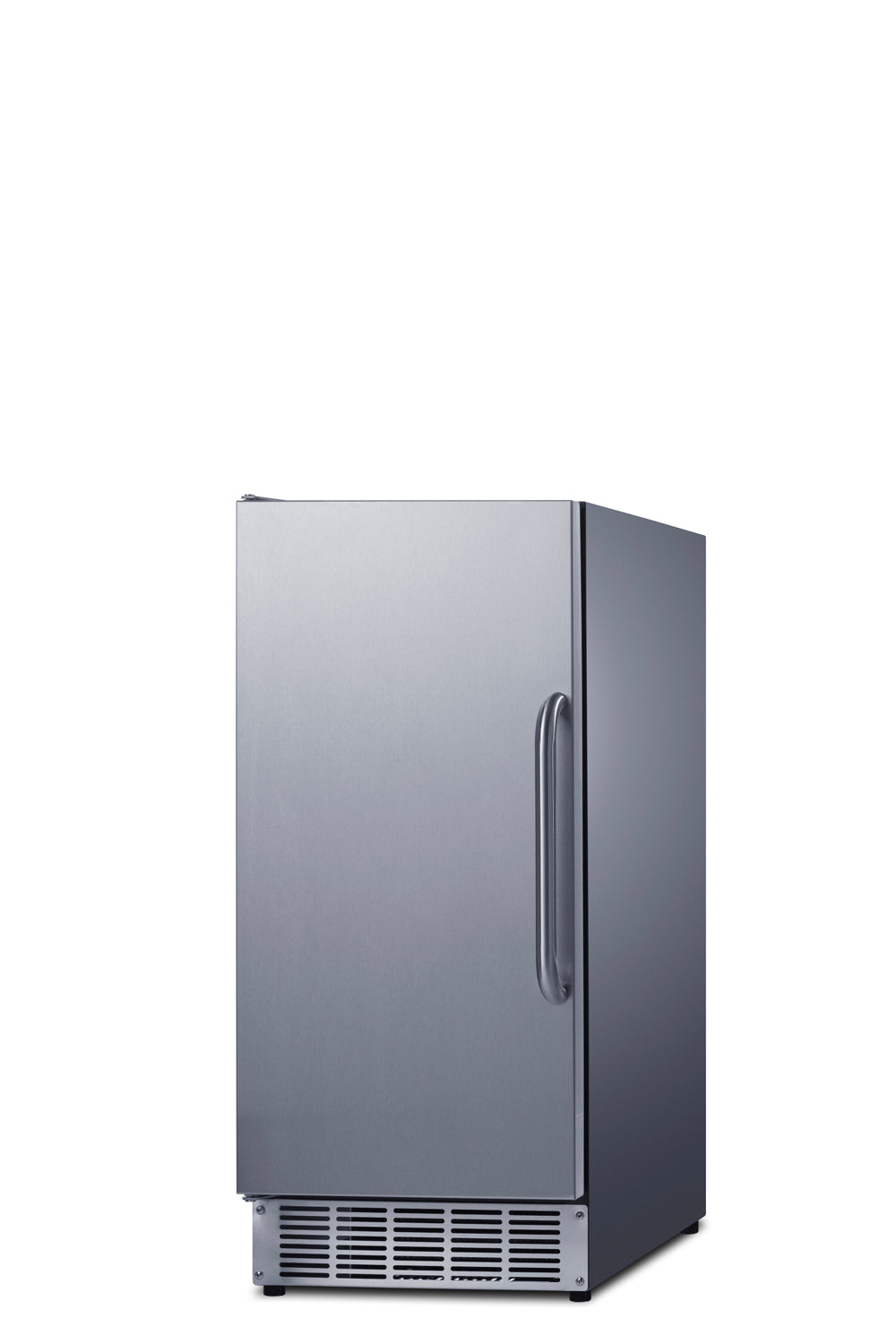 A modern stainless steel ice maker with a sleek, rectangular design. This ENERGY STAR ice maker features a solid door with a curved handle on the right and ventilation slats at the bottom. The background is plain white.