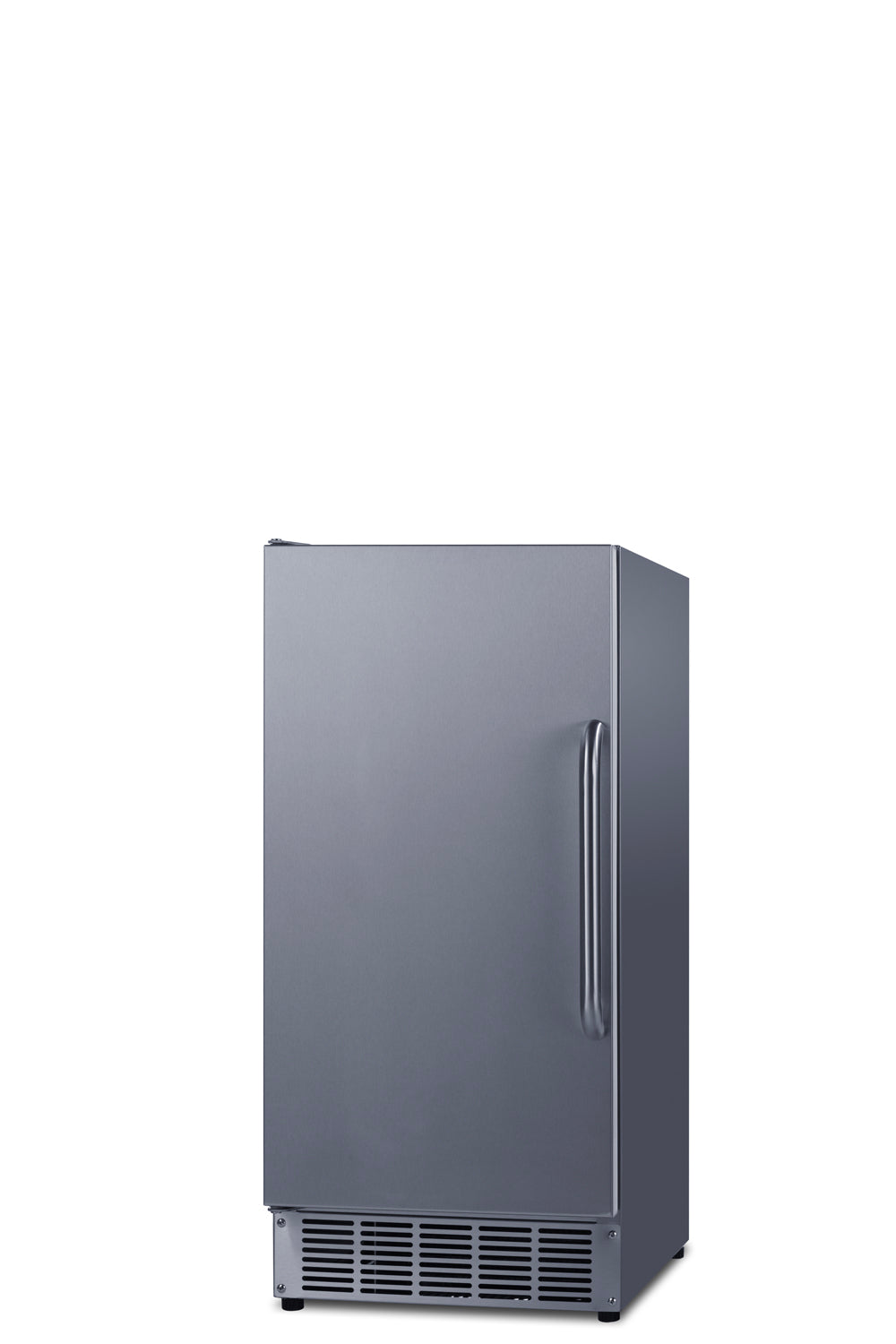 A stainless steel undercounter refrigerator with a single door and curved handle on the right side, set against a plain white background. The base features a vented grill for ventilation. This minimalist appliance pairs well with an ADA compliant ice maker.
