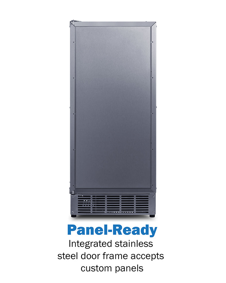 A front view of a built-in undercounter ice maker features a plain, flat stainless steel door and vented panel at the bottom. Blue text below reads Panel-Ready, and black text notes it delivers clear ice production and accepts custom panels.