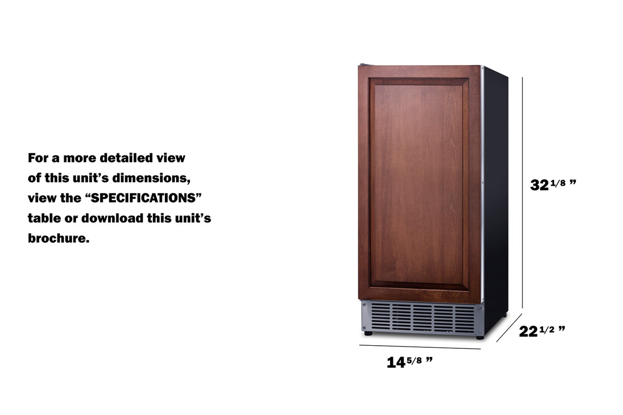 A compact ENERGY STAR ice maker with a wood-paneled door is shown. Its dimensions—32 1/8" tall, 22 1/2" deep, and 14 5/8" wide—are labeled. Text on the left suggests checking the specifications table or brochure for more details.