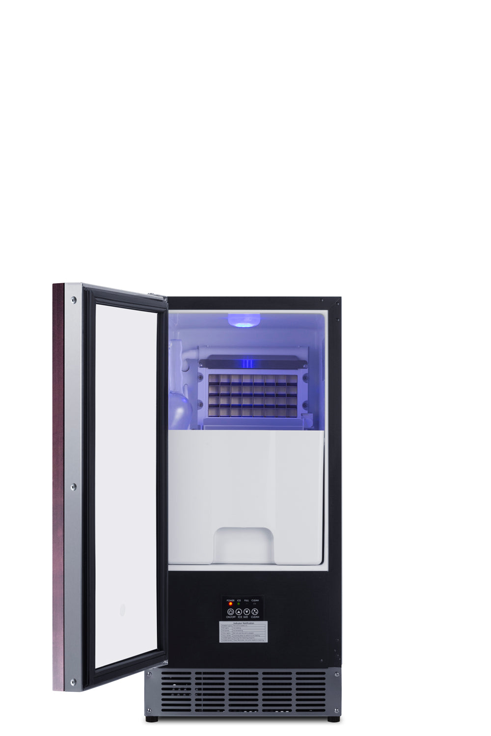 A front-facing, ENERGY STAR ice maker with its door open reveals the interior ice-making components, softly lit in blue. Control buttons and a vent are located at the bottom front of the sleek black and silver unit.