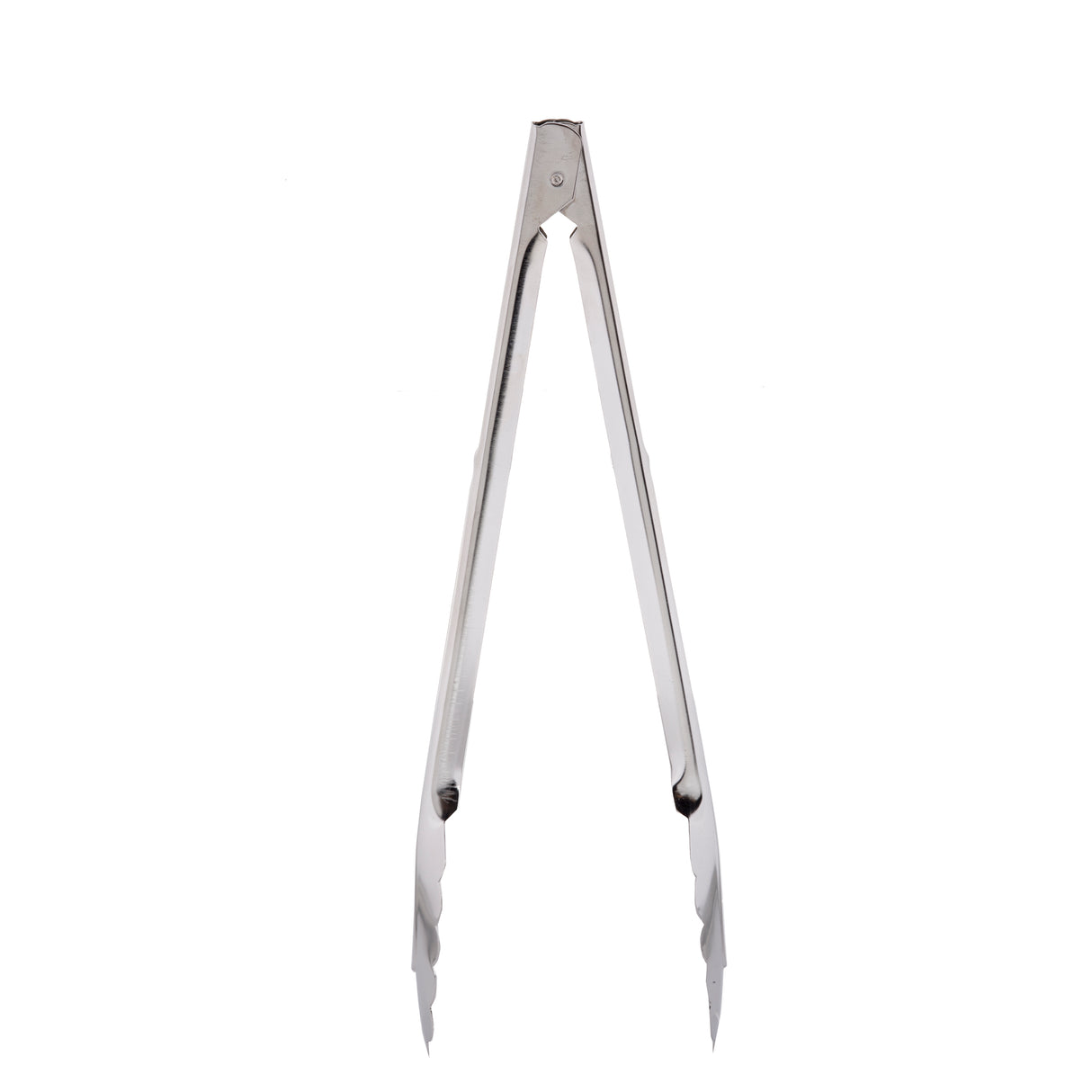A pair of stainless steel utility tongs stands vertically on a white background. The tongs have scalloped edges for gripping food and a simple, functional design with a hinge at the top.