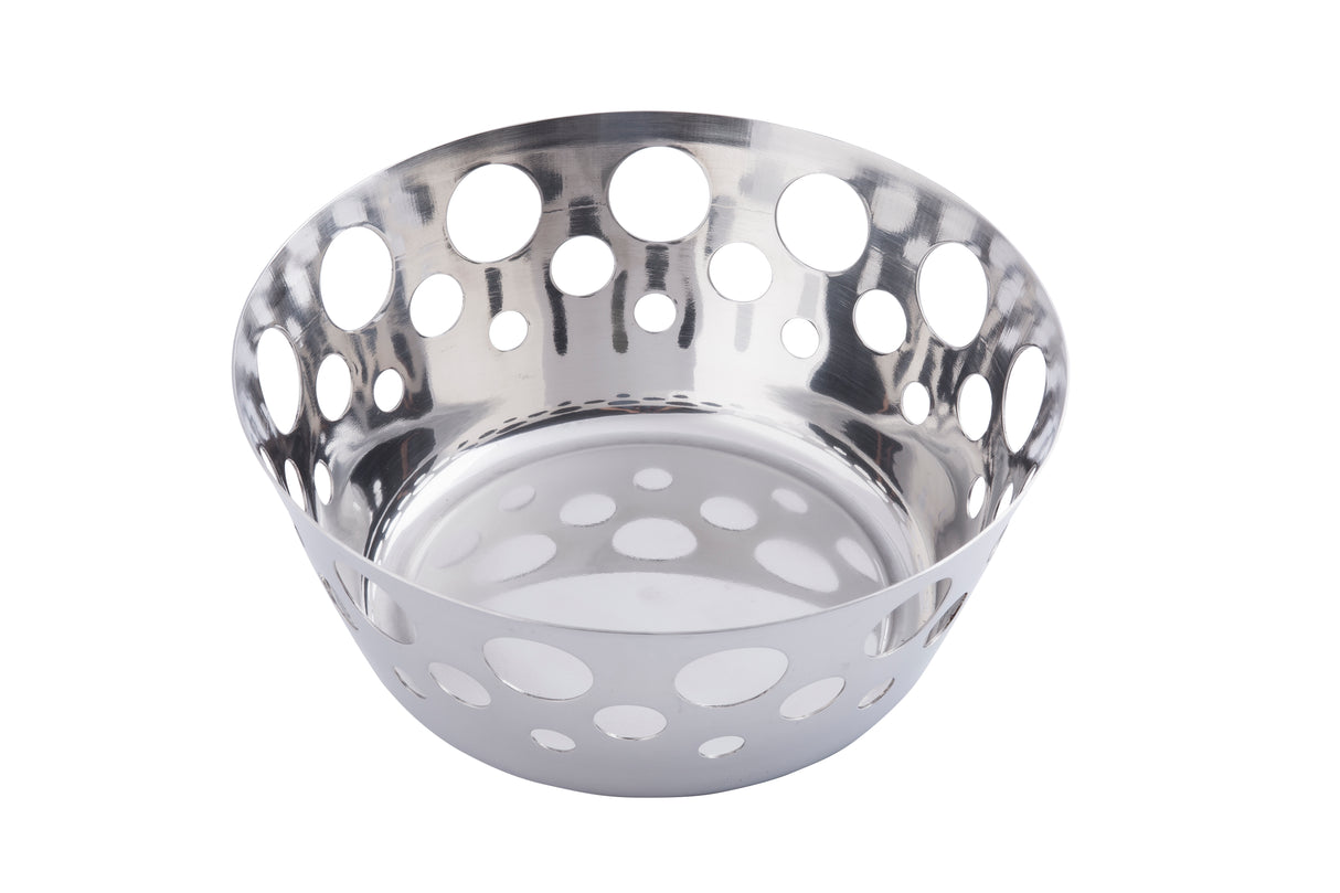 A shiny, round stainless steel bowl with a smooth surface. The sides feature variously sized circular cutouts arranged in a pattern, creating a decorative, modern look. This basket is empty and photographed on a plain white background.