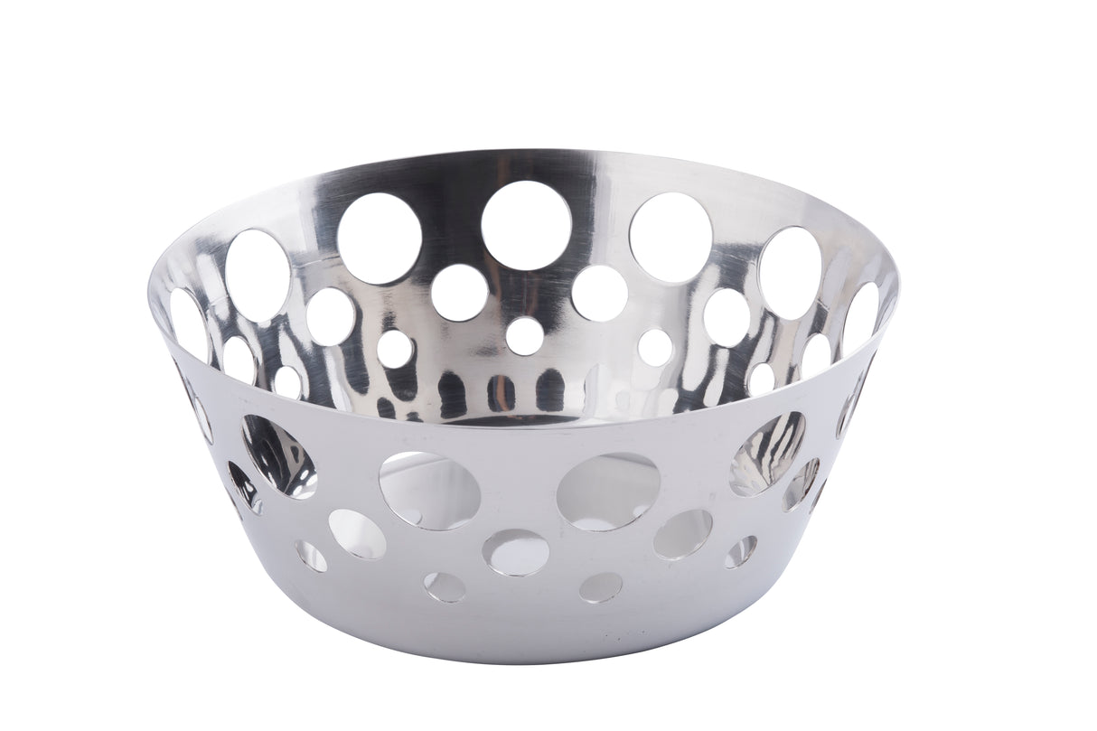 A shiny, stainless steel bowl with a polished surface features large and small circular cut-out holes around its sides. This modern, decorative basket is empty and set against a plain white background.