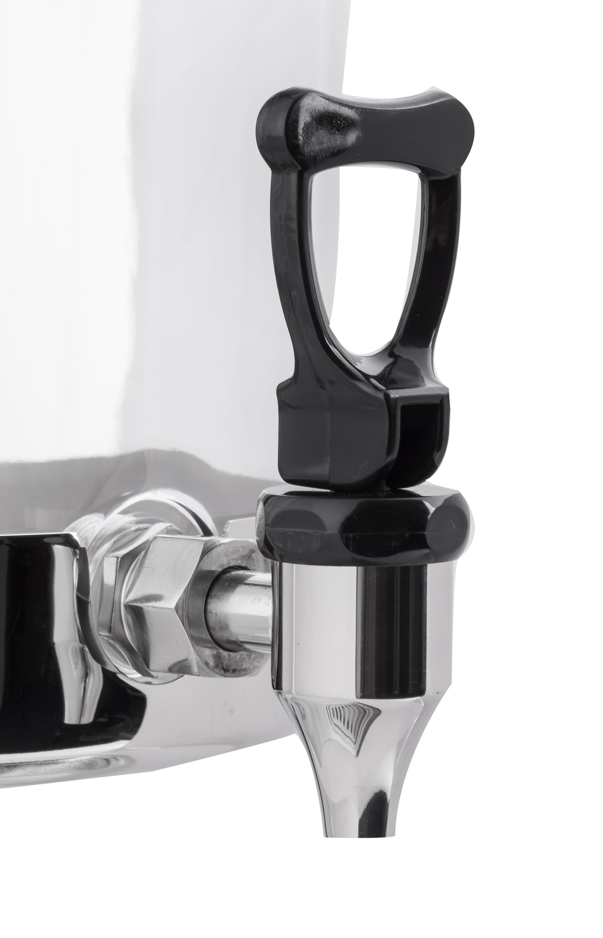 Close-up of a black plastic and silver metal spigot attached to a shiny stainless steel 2 gallon beverage dispenser. The handle is upright, and the white background highlights the spout’s details and reflections.