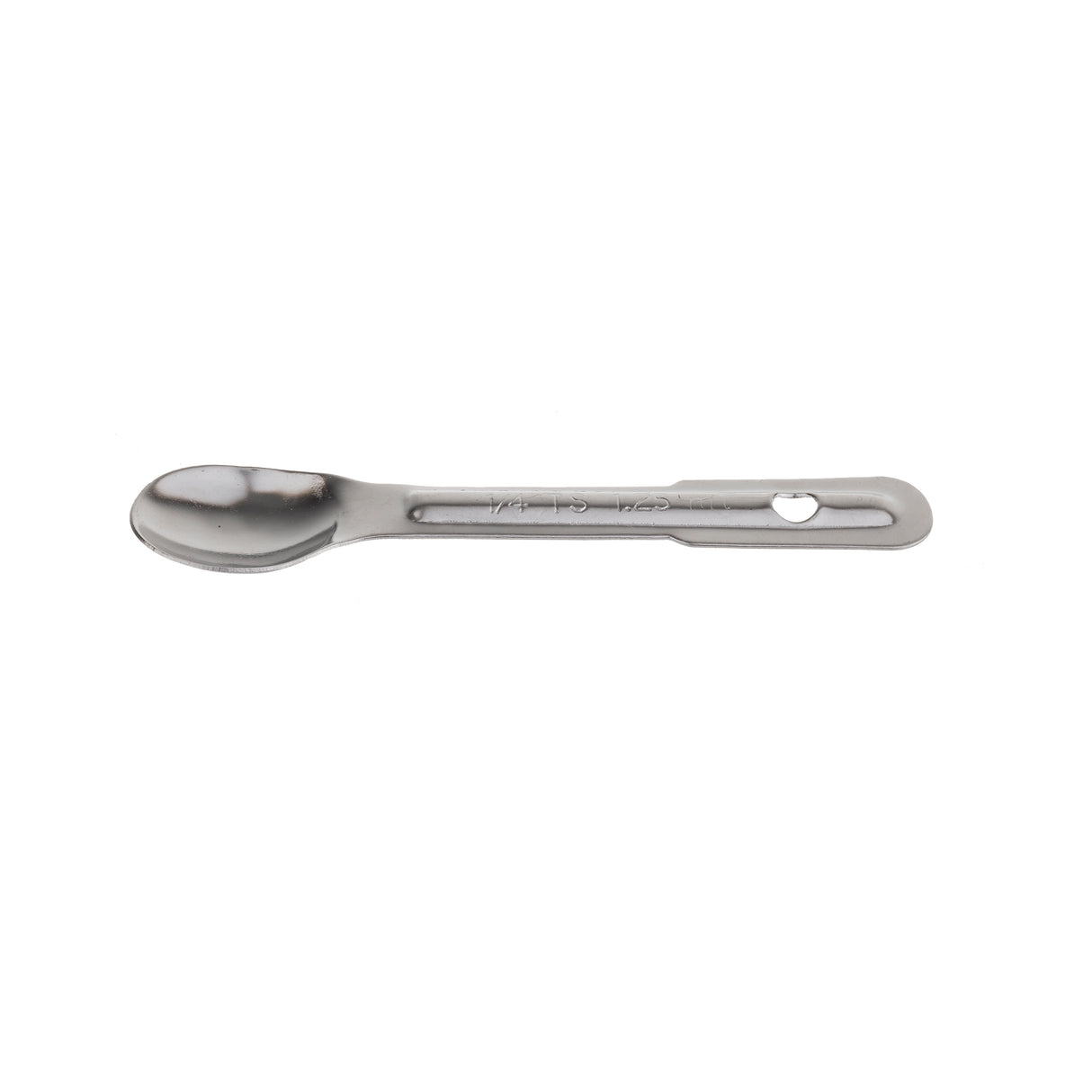 A small, stainless steel measuring spoon with a flat handle and rounded bowl is centered on a white background. The handle features an oval hole near the end and engraved "1/4 tsp" text. The design is sleek and minimalistic.