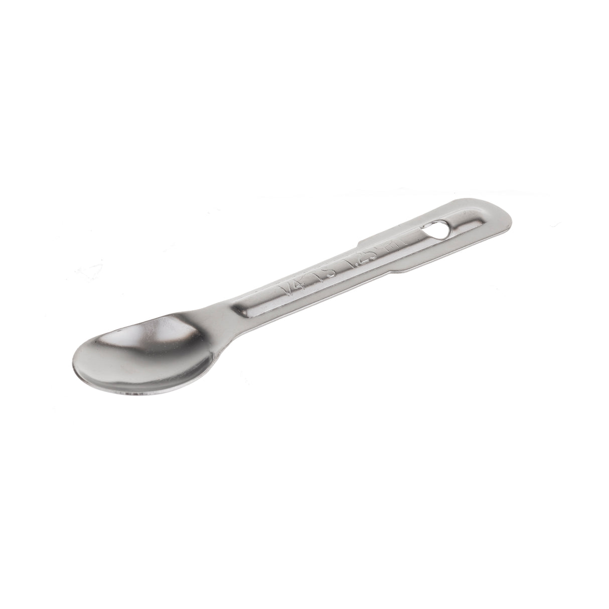 A small, stainless steel measuring spoon with a flat handle featuring a hole near the end. The shiny surface and engraved "MA 18-8 YOSHIKAWA" detail make it perfect for precise 1/4 tsp measurements. Placed on a plain white background.
