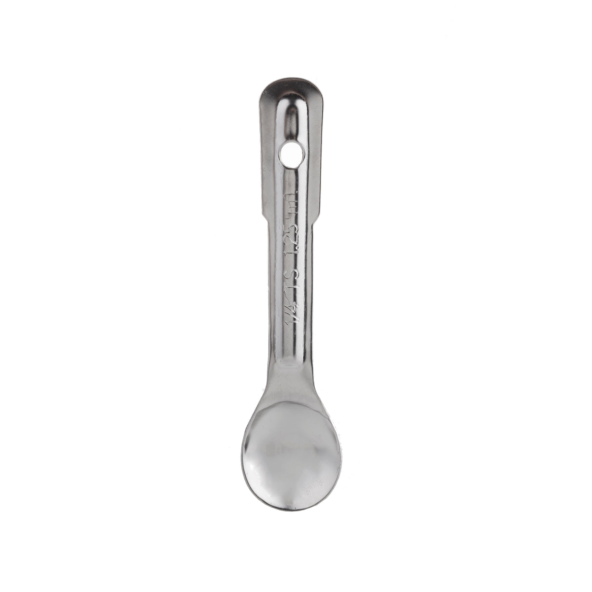 A single stainless steel tablespoon viewed from above on a white background. The spoon has a rounded bowl and a flat handle with measurement markings, making it a versatile measuring spoon for any kitchen.
