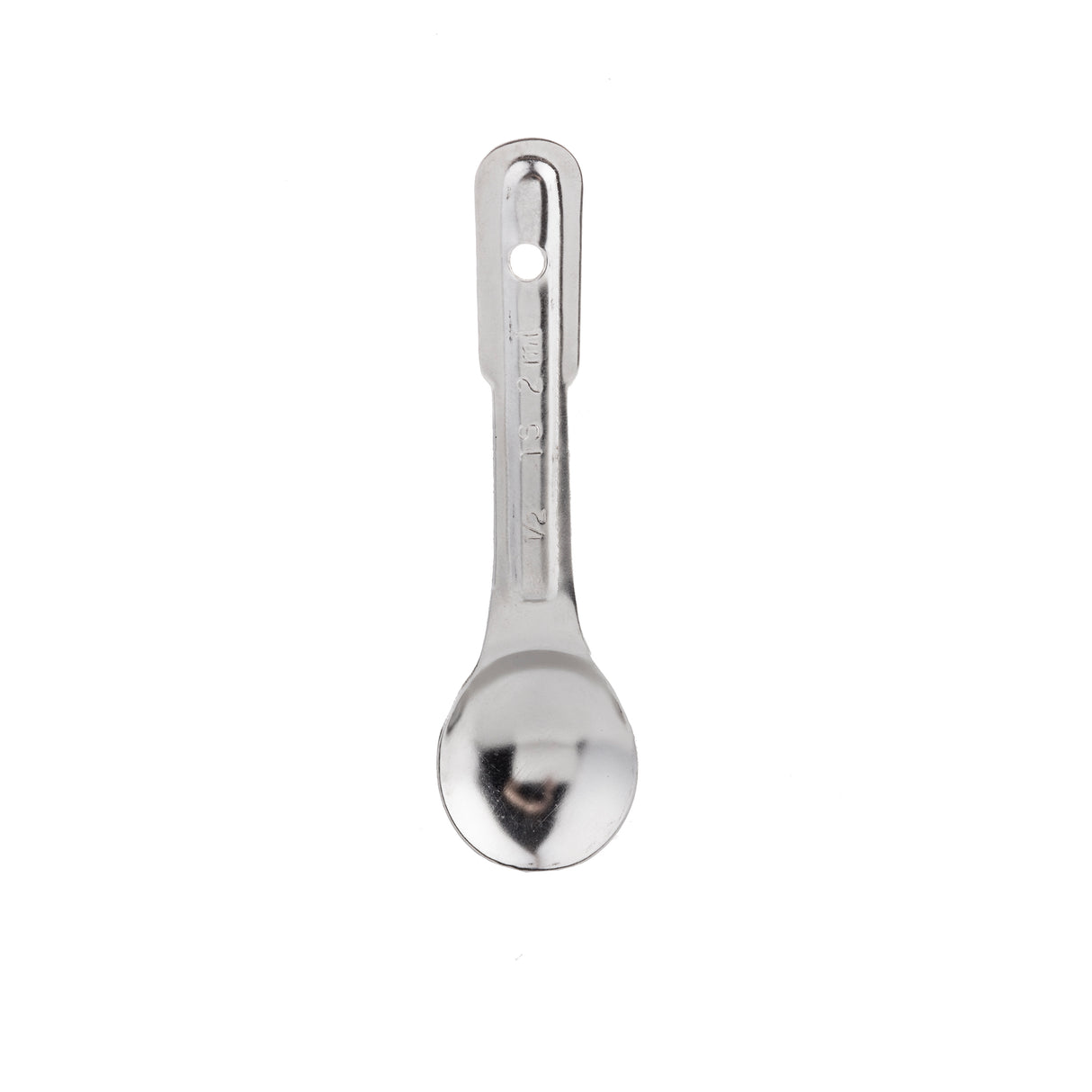 A shiny stainless steel spoon, viewed from above, with a flat, straight handle featuring a hole near the top for hanging. The bowl is rounded and reflective, shallow grooves run along the handle, and it's dishwasher safe against a plain white background.
