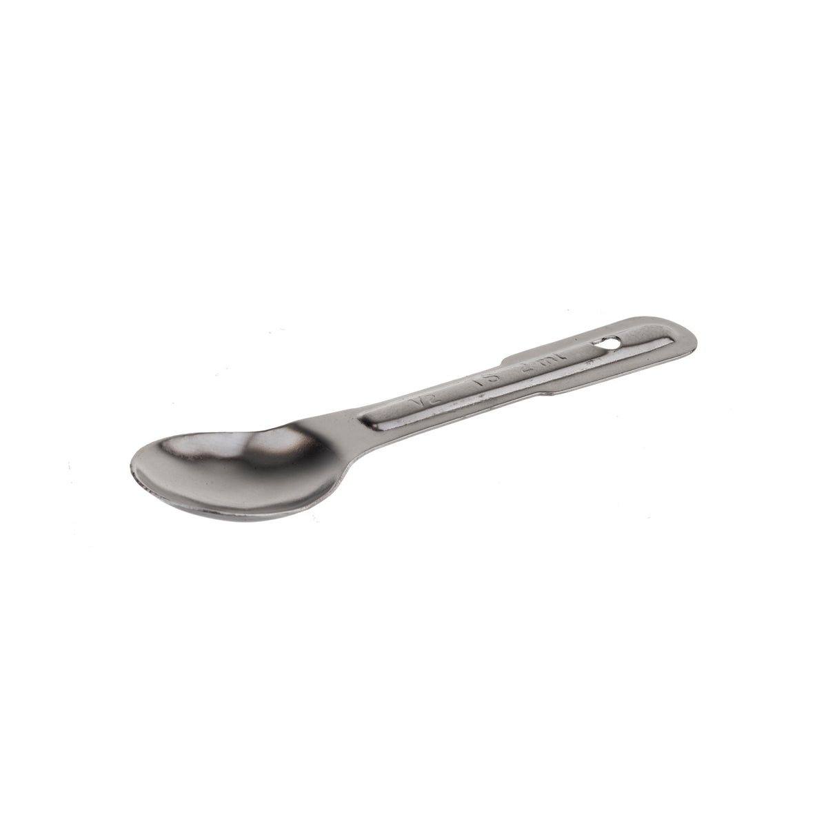 A small, stainless steel measuring spoon with a flat handle displaying engraved measurement markings. The handle has a hole at the end, possibly for hanging. The spoon rests on a plain white background and is dishwasher safe.