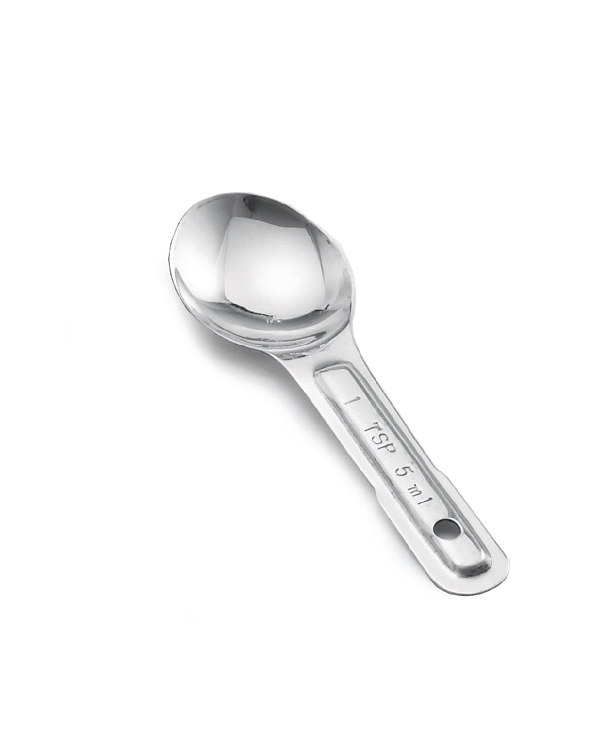 A single stainless steel measuring spoon is shown on a white background. The handle is flat with a hole at the end and engraved with “1 TBS / 15 ml.” The spoon has a round, polished bowl and a shiny, reflective surface.