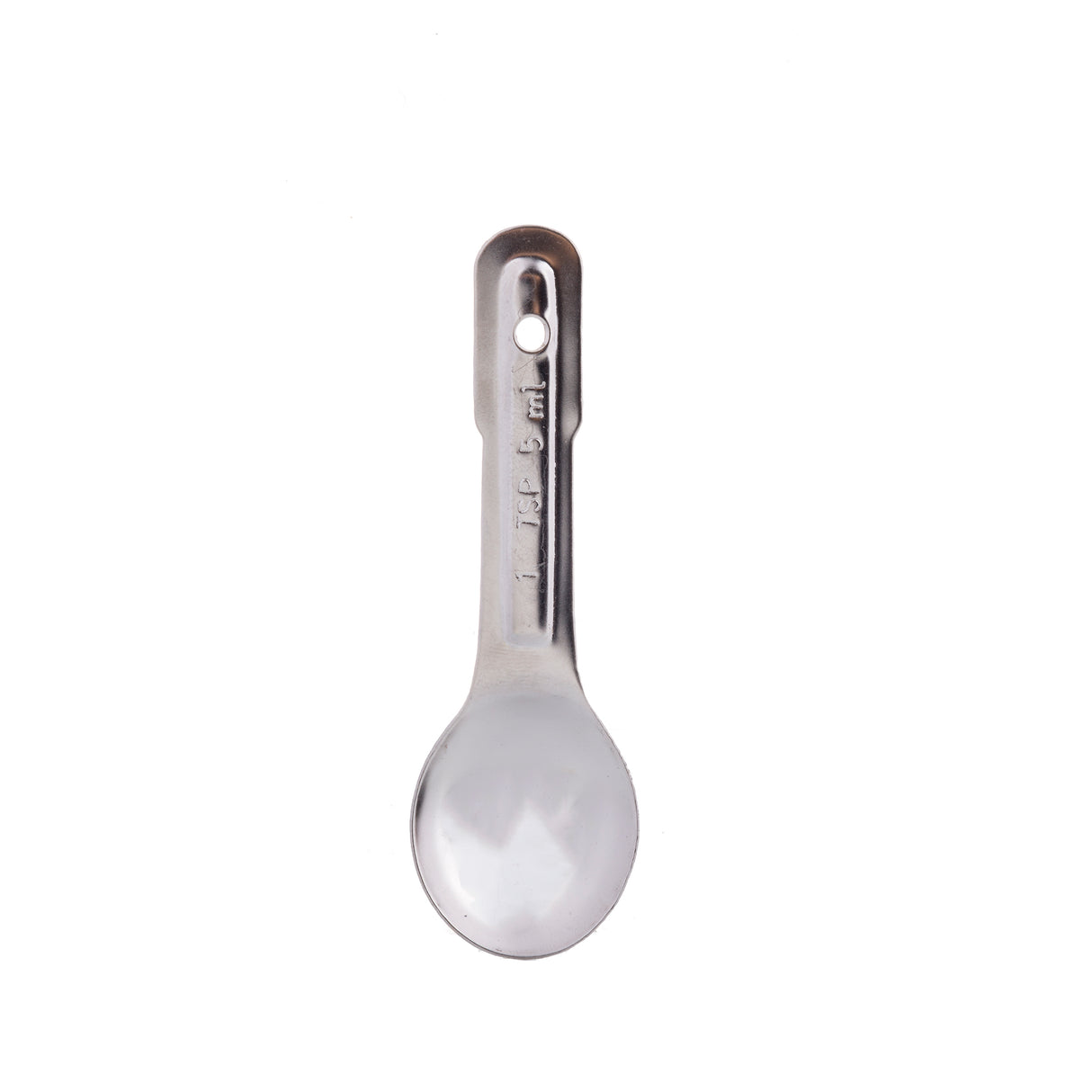 A single stainless steel measuring spoon, seen from above on a white background. The handle has an oval hole at the end and is stamped with measurement markings indicating “1 Tbsp” and “15 mL.” The spoon’s surface is reflective and smooth.