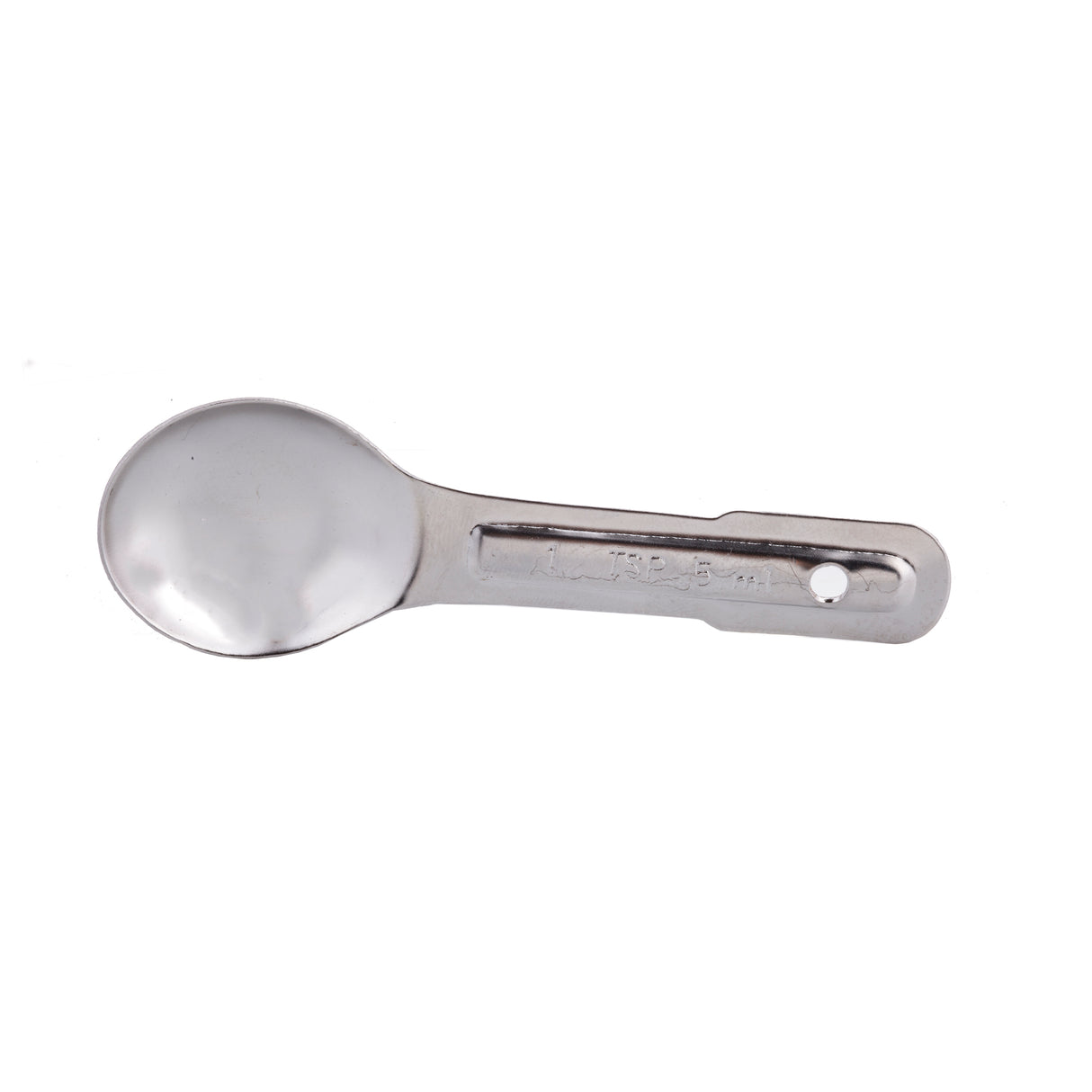 A shiny, stainless steel measuring spoon with a round bowl and a flat handle featuring engraved 1 tsp measurement markings and a small hole at the end, positioned on a white background.