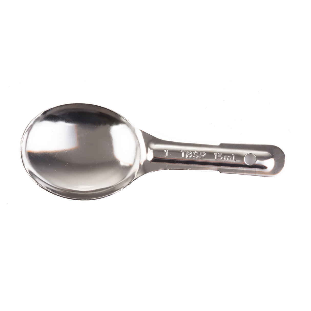 A shiny stainless steel Measuring Spoon is shown on a white background. The spoon has a round, deep bowl and a short handle engraved with 1 TBSP 15 ml, indicating its capacity for measuring ingredients and that it’s dishwasher safe.