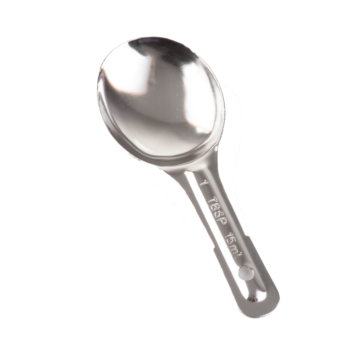 A shiny stainless steel measuring spoon with a short handle, marked “1 TBSP 15 ml.” The clean, reflective spoon rests on a white background, with light creating highlights and shadows across its dishwasher safe surface.