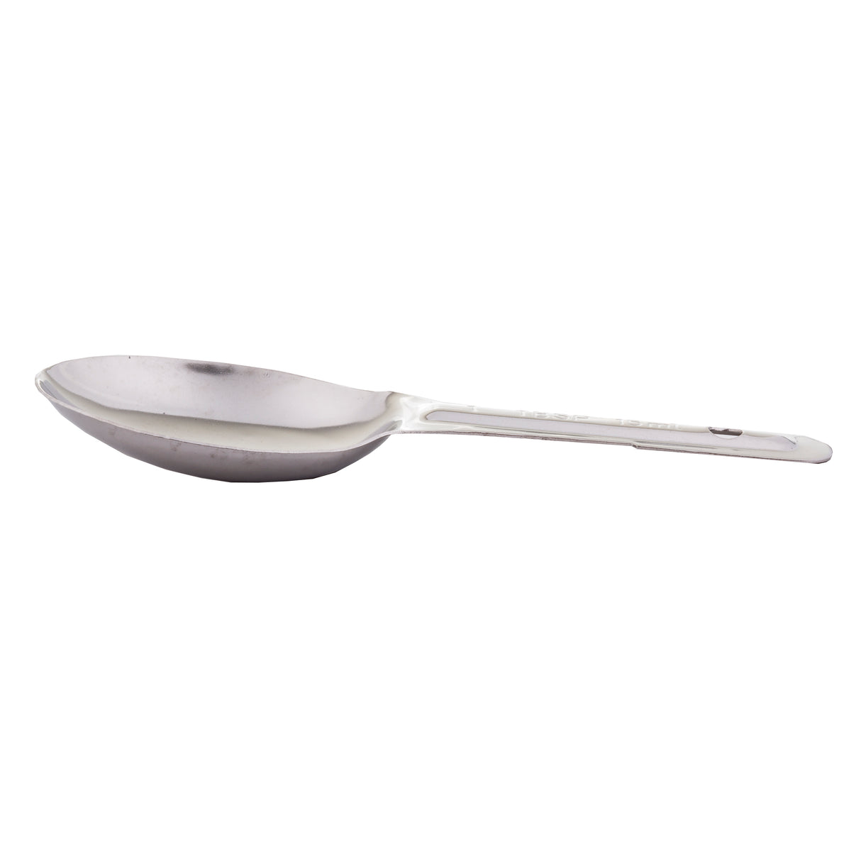 A stainless steel measuring spoon is shown in profile on a white background. The handle is straight and smooth, while the gently curved bowl reflects light. This dishwasher safe utensil features a slightly oval shape for easy scooping.
