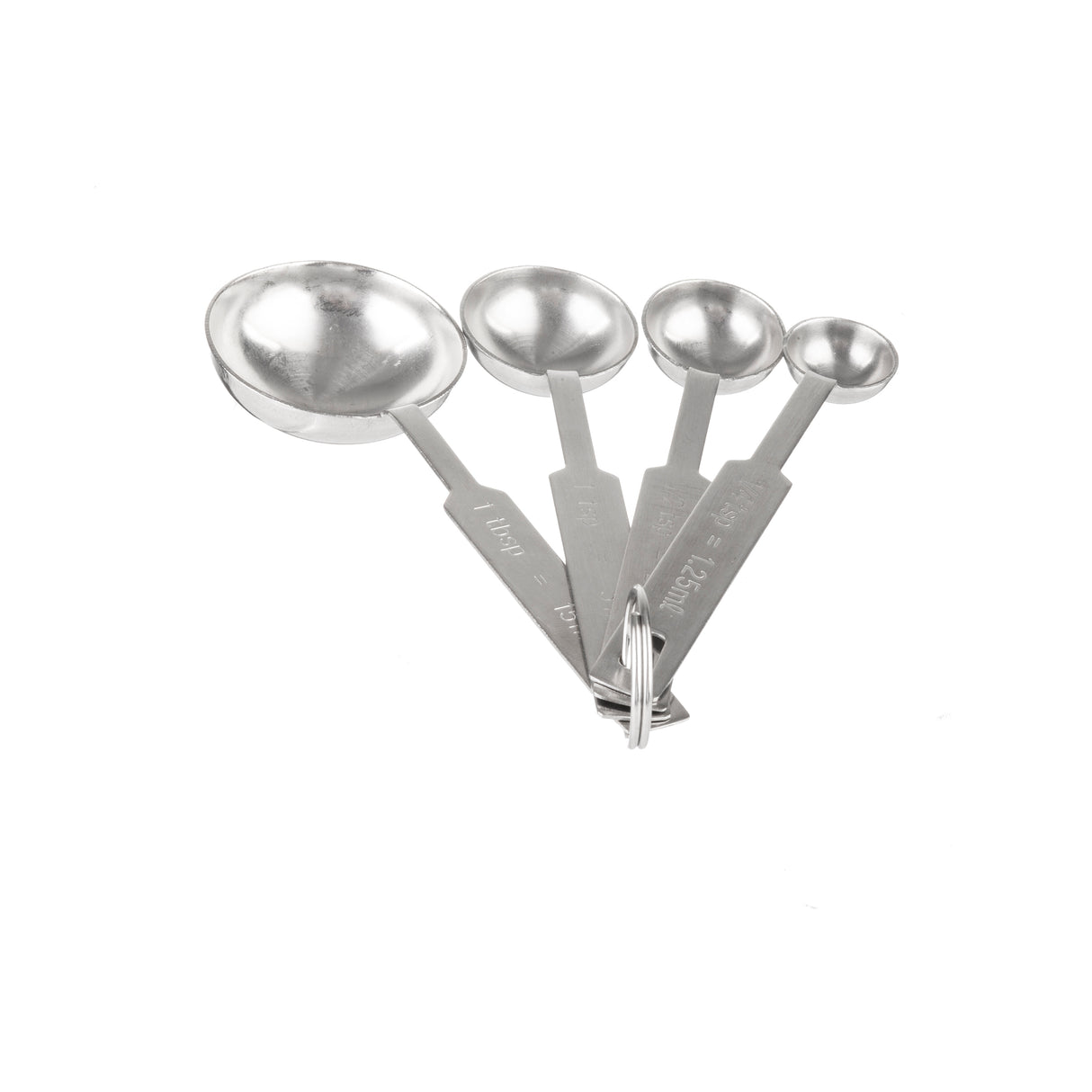 A set of four stainless steel measuring spoons of different sizes, nested together and connected by a small metal ring. The dishwasher safe spoons are labeled with their measurements on the handles and displayed on a white background.