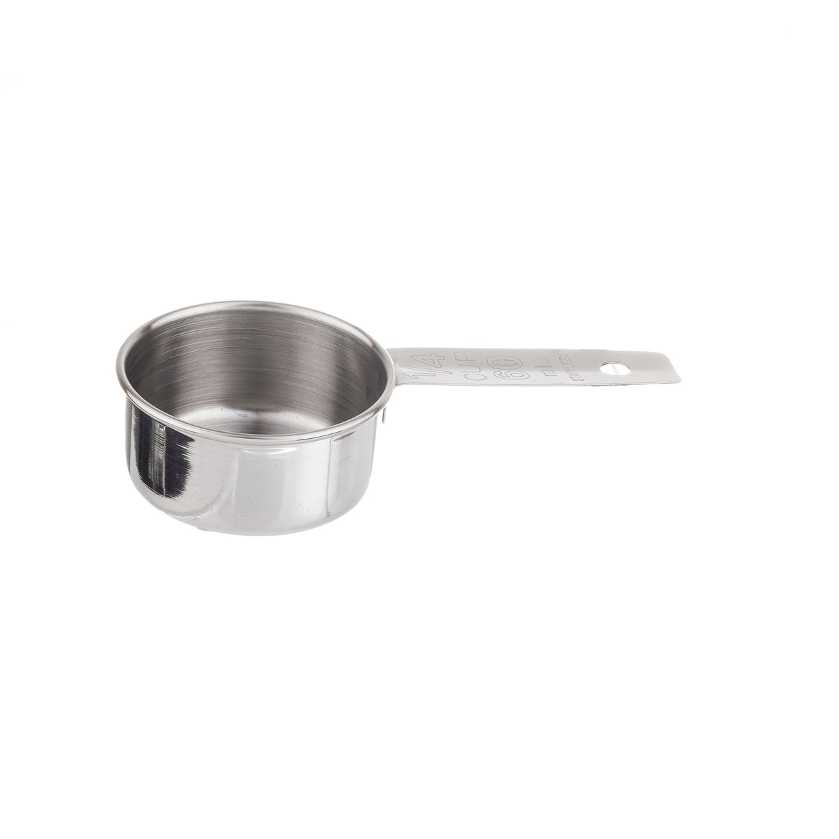 A stainless steel Measuring Cup with a long flat handle sits on a white background. The shiny, reflective cup holds about 1/4 cup. The handle features measurement markings and a hole at the end for easy hanging.